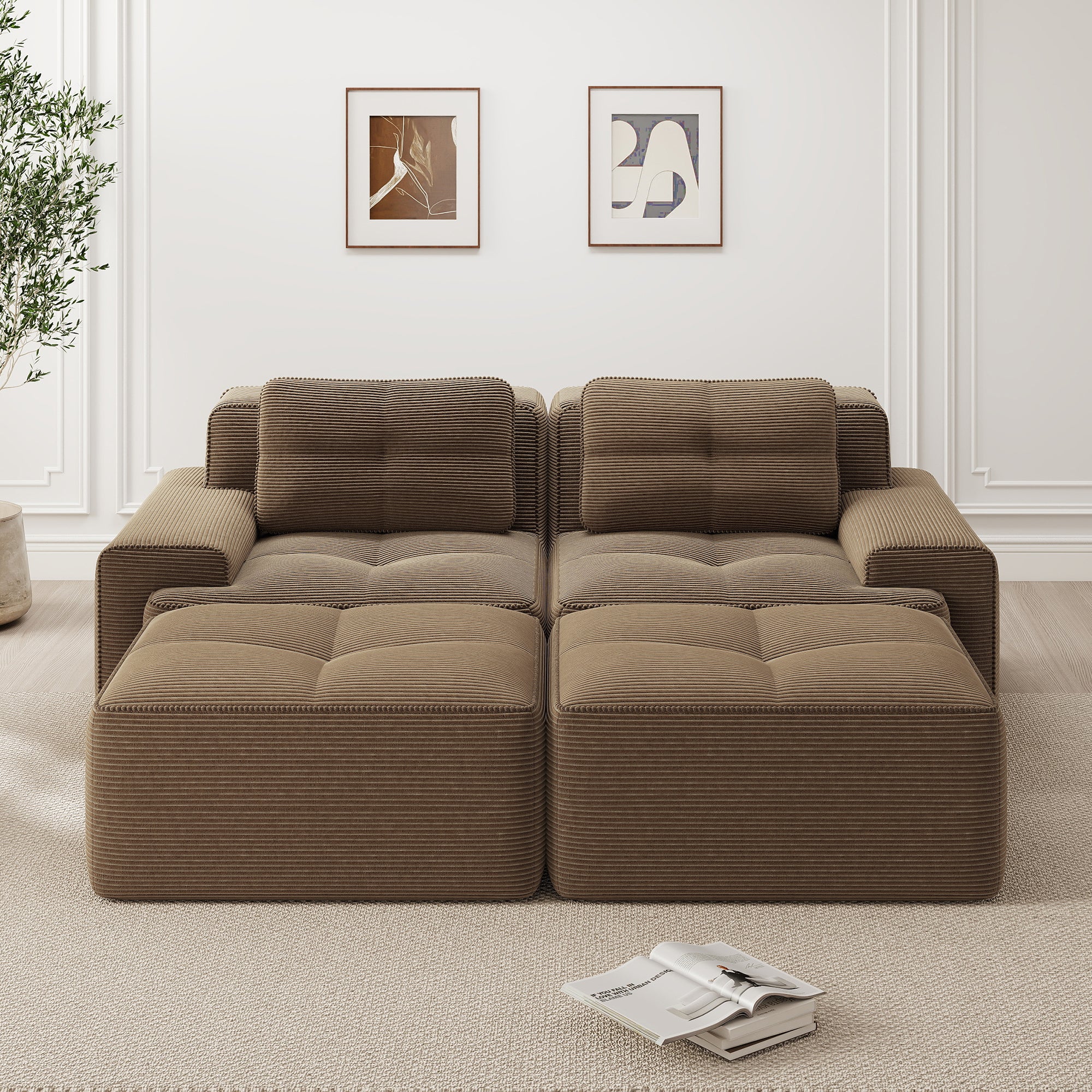 Cloud Modular Sofa U-Shaped Ottoman 2-Seater Deep Seat - Corduroy Brown - Image 2