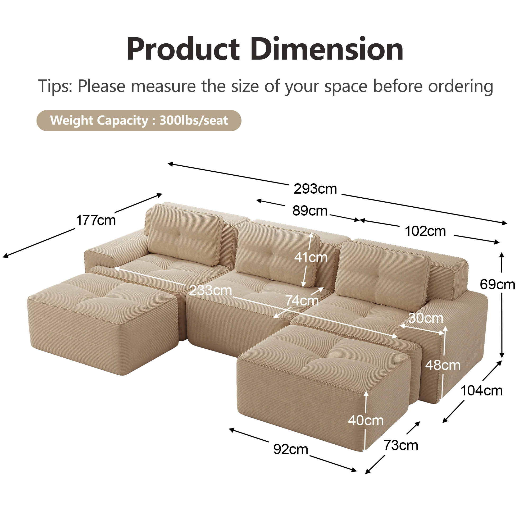 Cloud Modular Sofa U-shaped Ottoman 3-Seater - Corduroy Beige - Image 7
