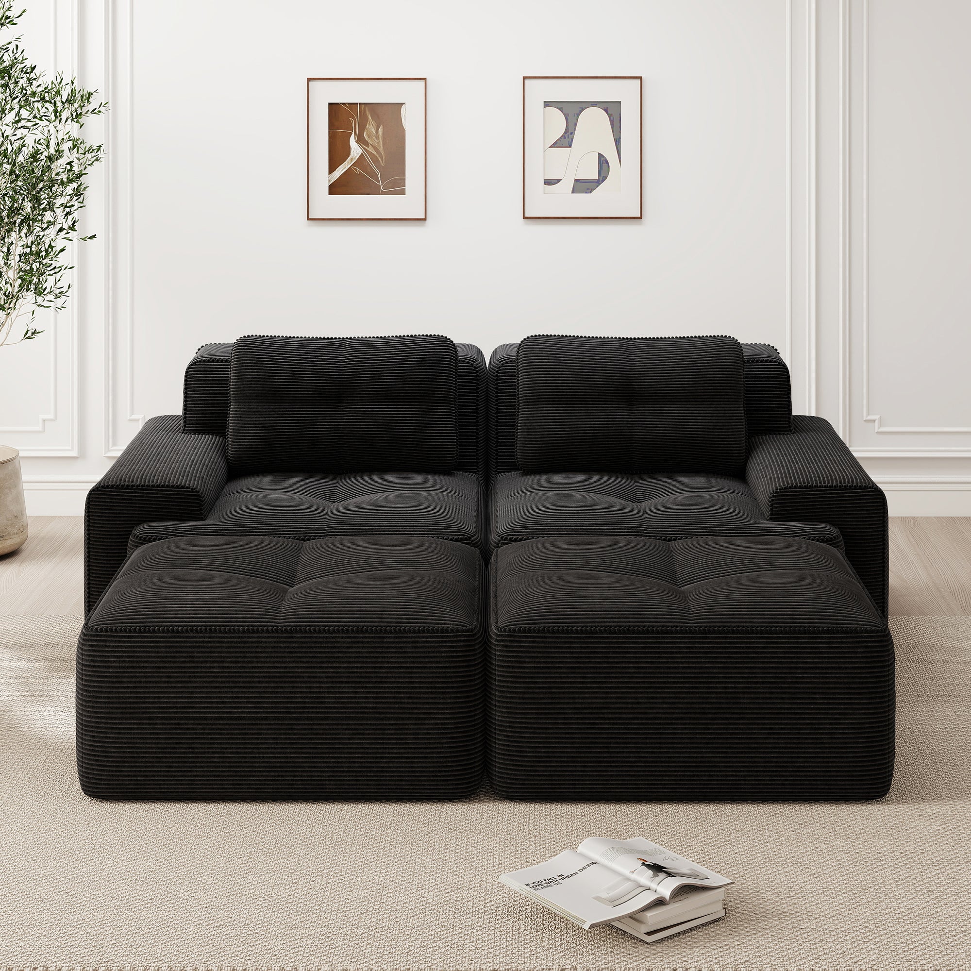 Cloud Modular Sofa U-shaped Ottoman Deep Seat - Corduroy Black - Image 2
