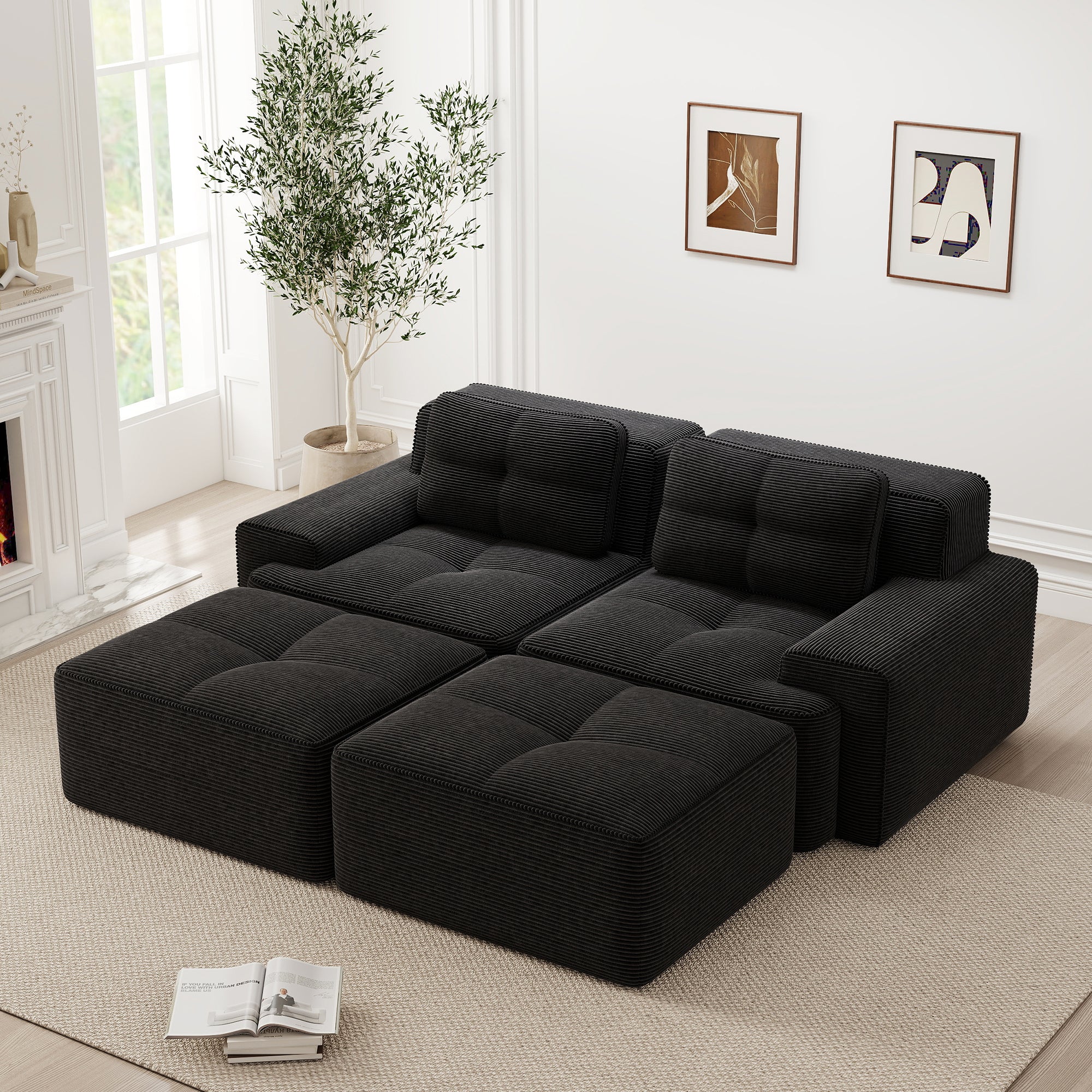 Cloud Modular Sofa U-shaped Ottoman Deep Seat - Corduroy Black - Image 3