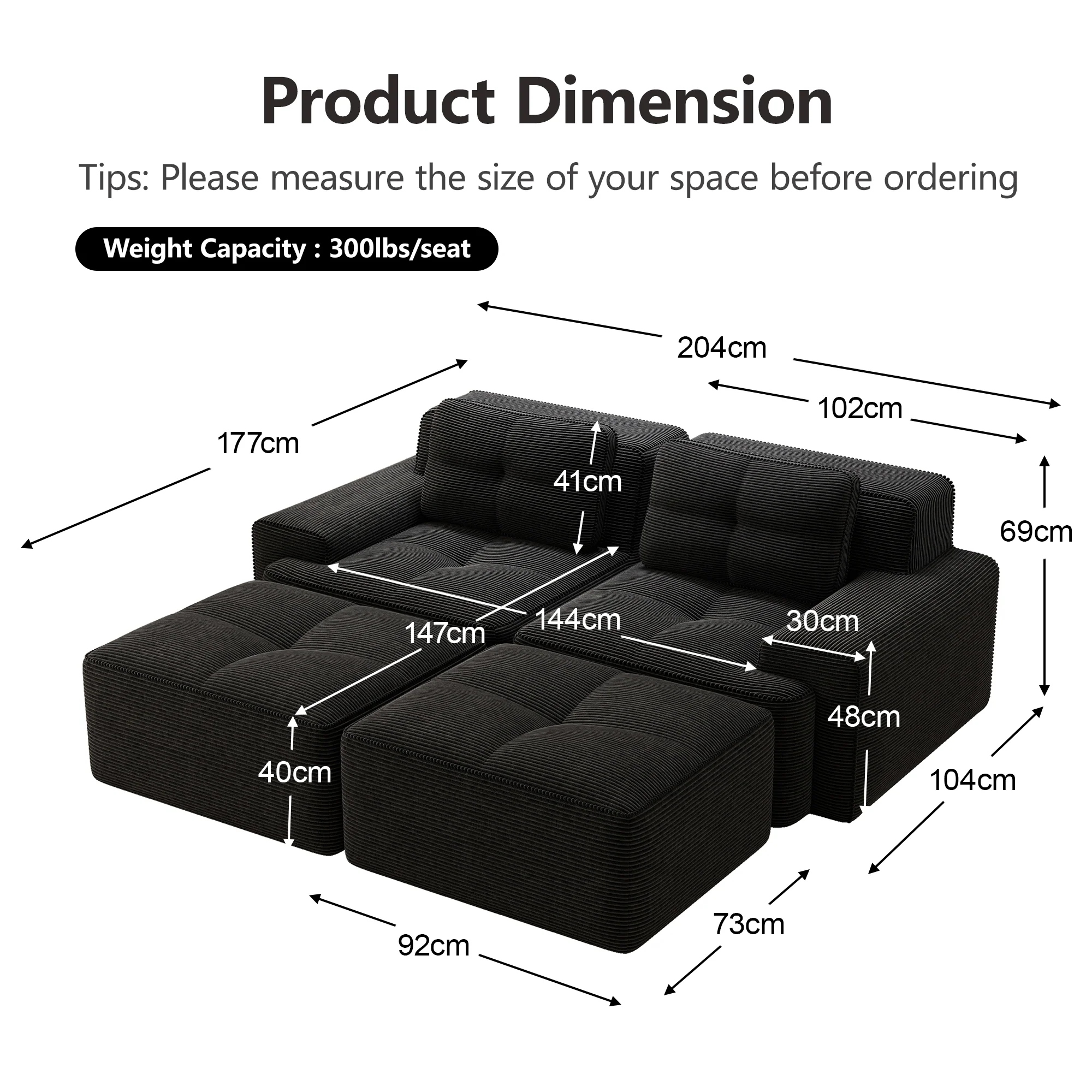 Cloud Modular Sofa U-shaped Ottoman Deep Seat - Corduroy Black - Image 7