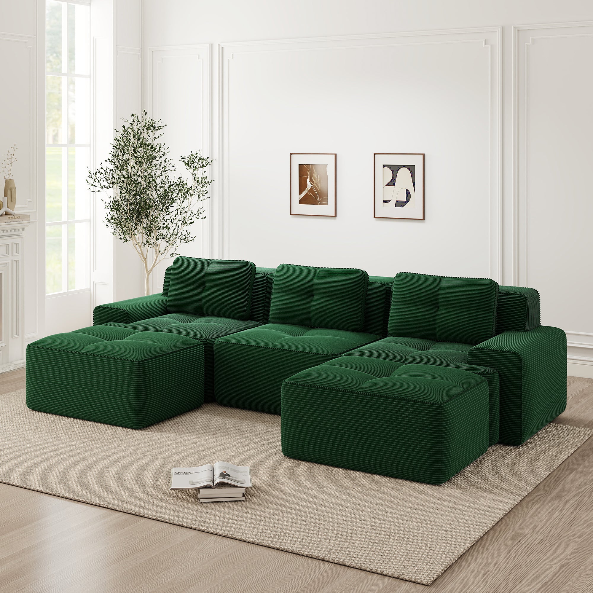 Cloud Sofa Modular U-shaped 3-Seater Ottoman - Corduroy Green