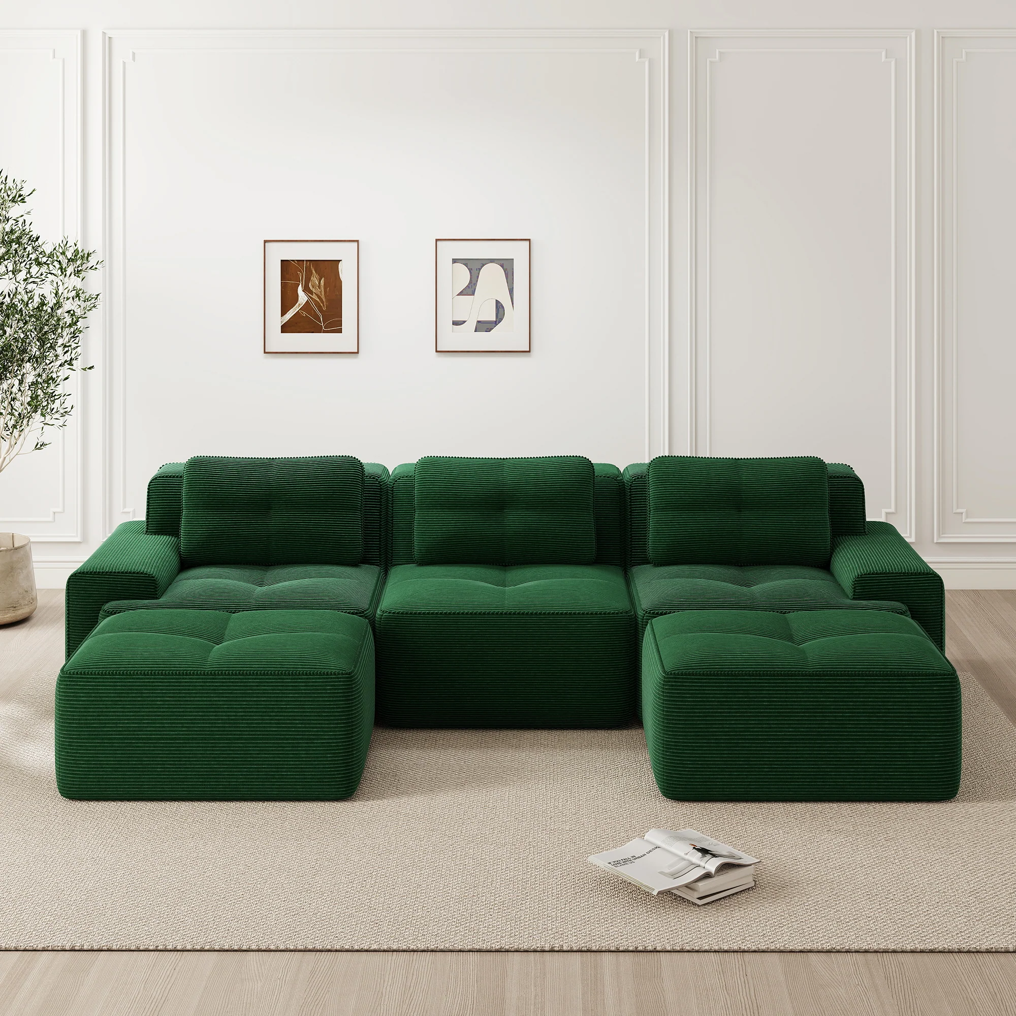Cloud Sofa Modular U-shaped 3-Seater Ottoman - Corduroy Green - Image 2