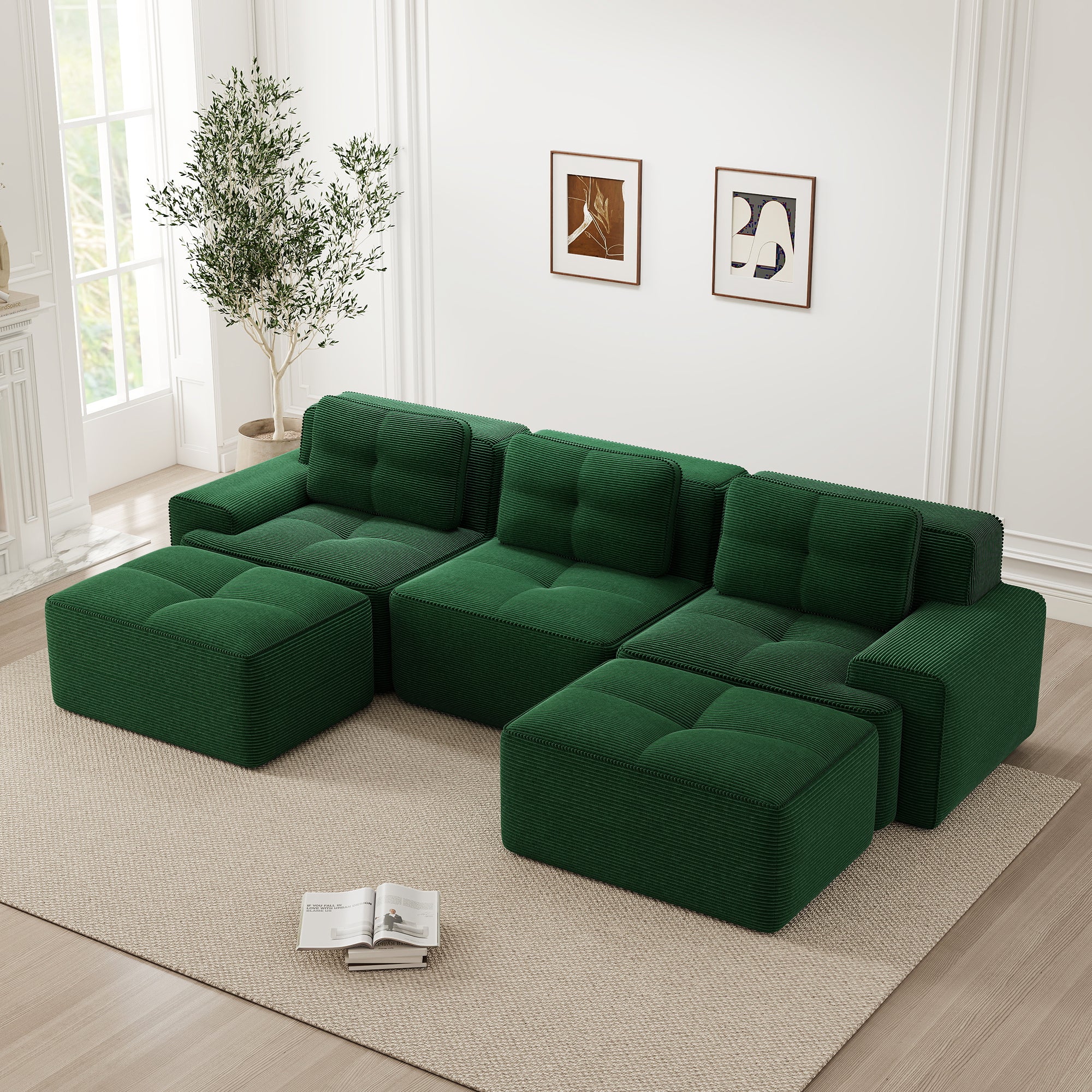 Cloud Sofa Modular U-shaped 3-Seater Ottoman - Corduroy Green - Image 3
