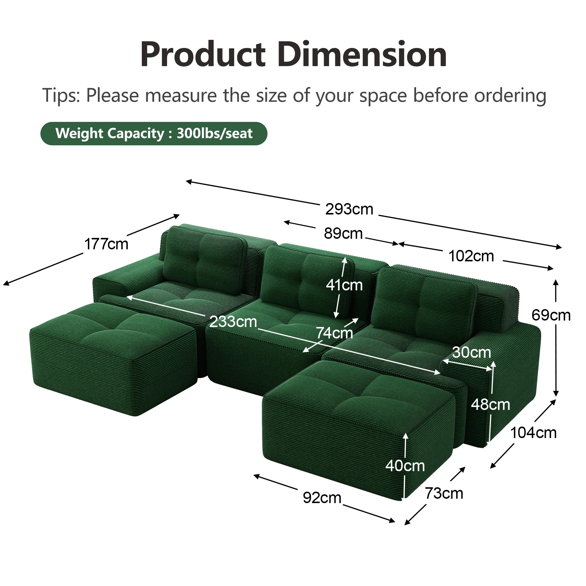 Cloud Sofa Modular U-shaped 3-Seater Ottoman - Corduroy Green - Image 7