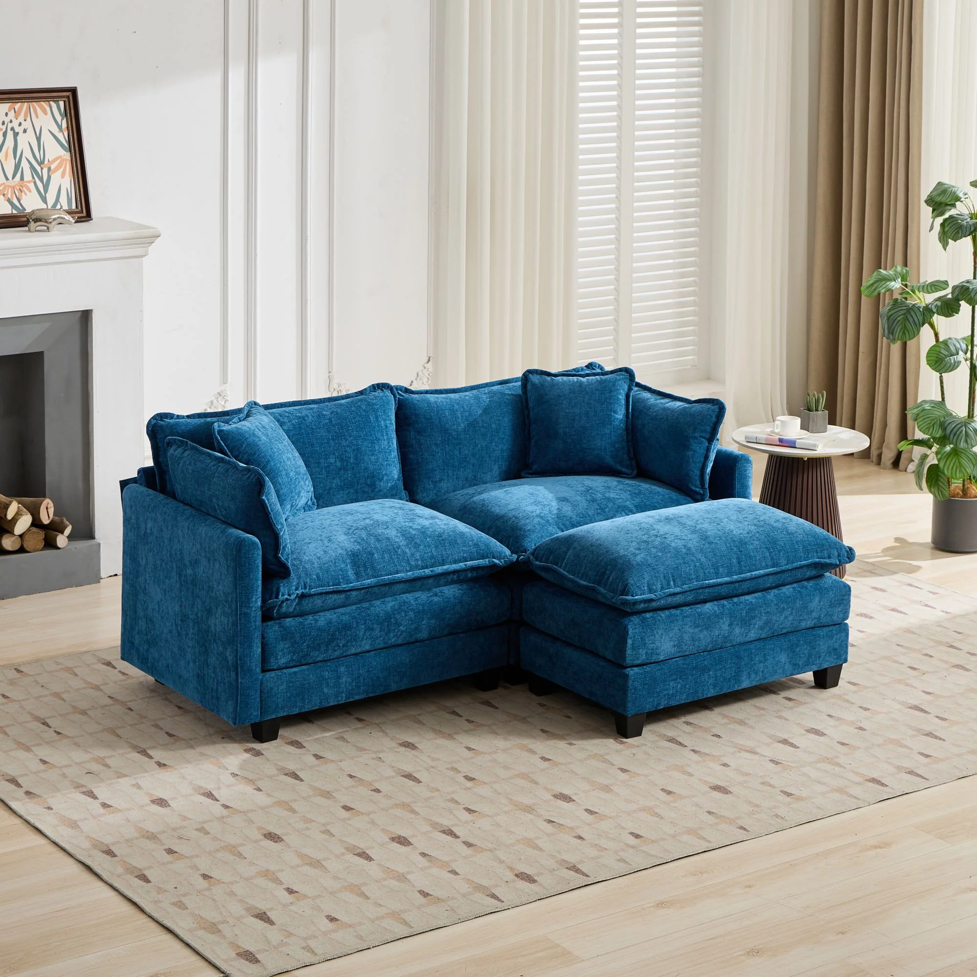 Cloud Sofa Ottoman - Modern Double Layer Upholstered Cushion - Chenille Blue - Image 5
