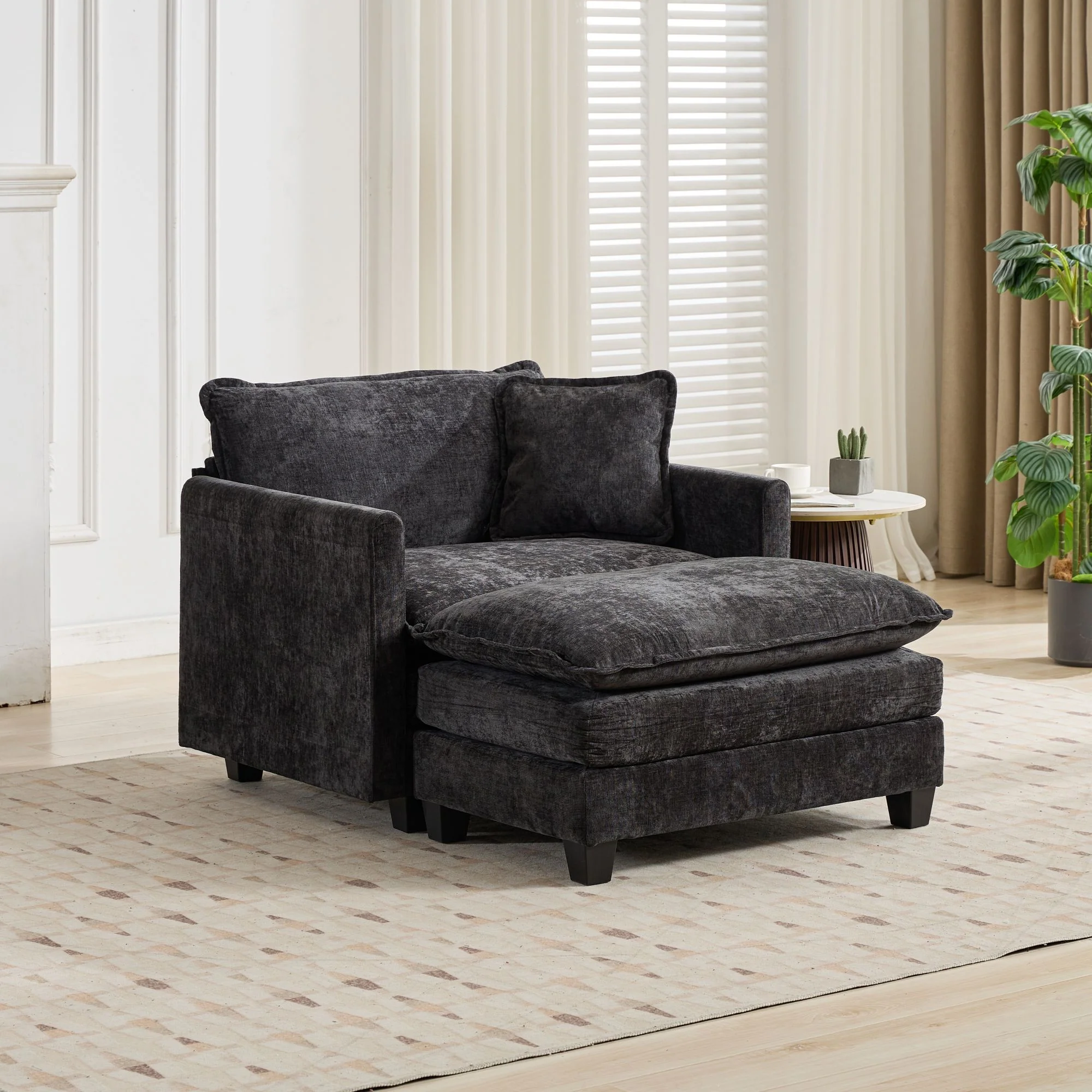 Cloud Sofa Ottoman - Modern Sectional Double Layer Cushion - Black Chenille - Image 4
