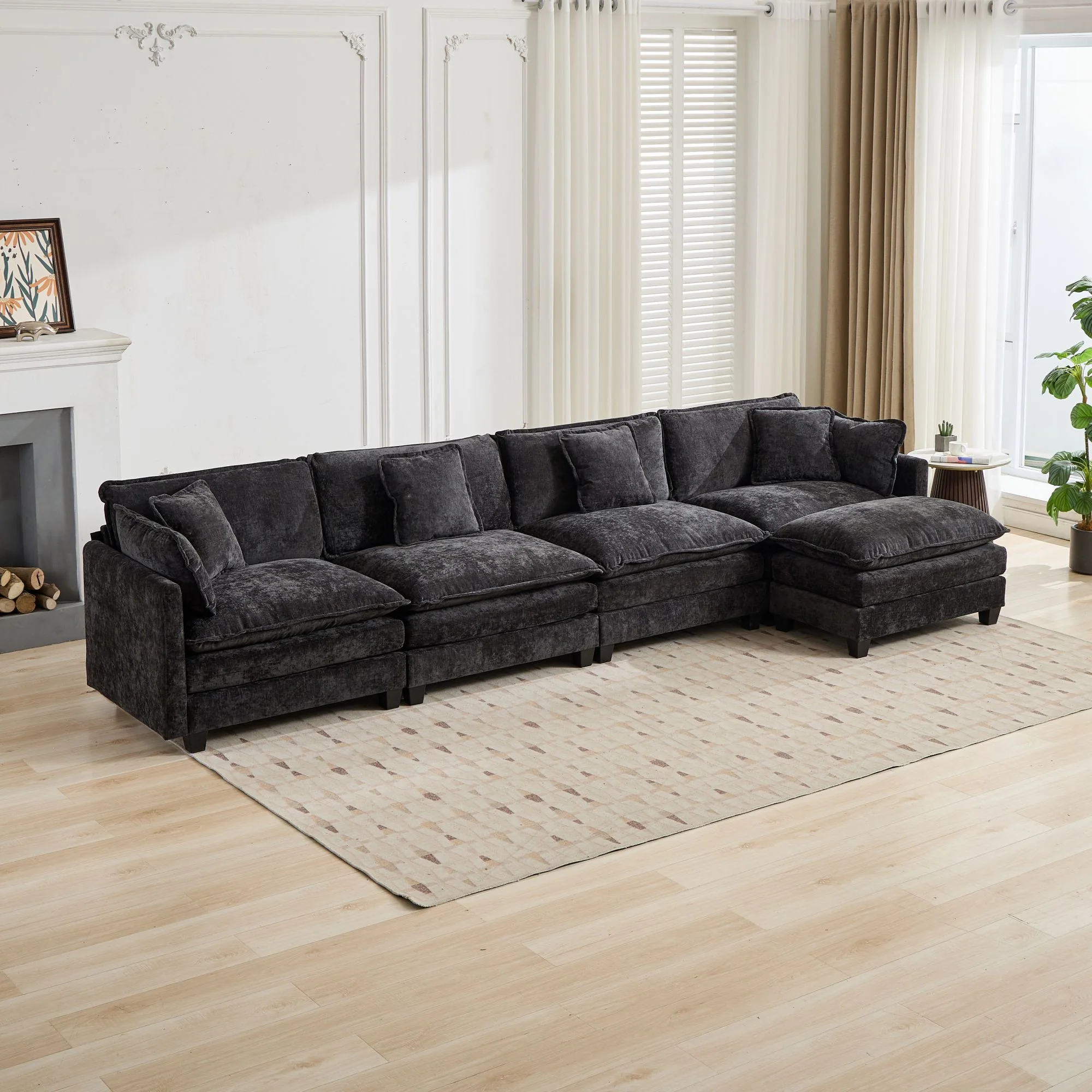Cloud Sofa Ottoman - Modern Sectional Double Layer Cushion - Black Chenille - Image 7