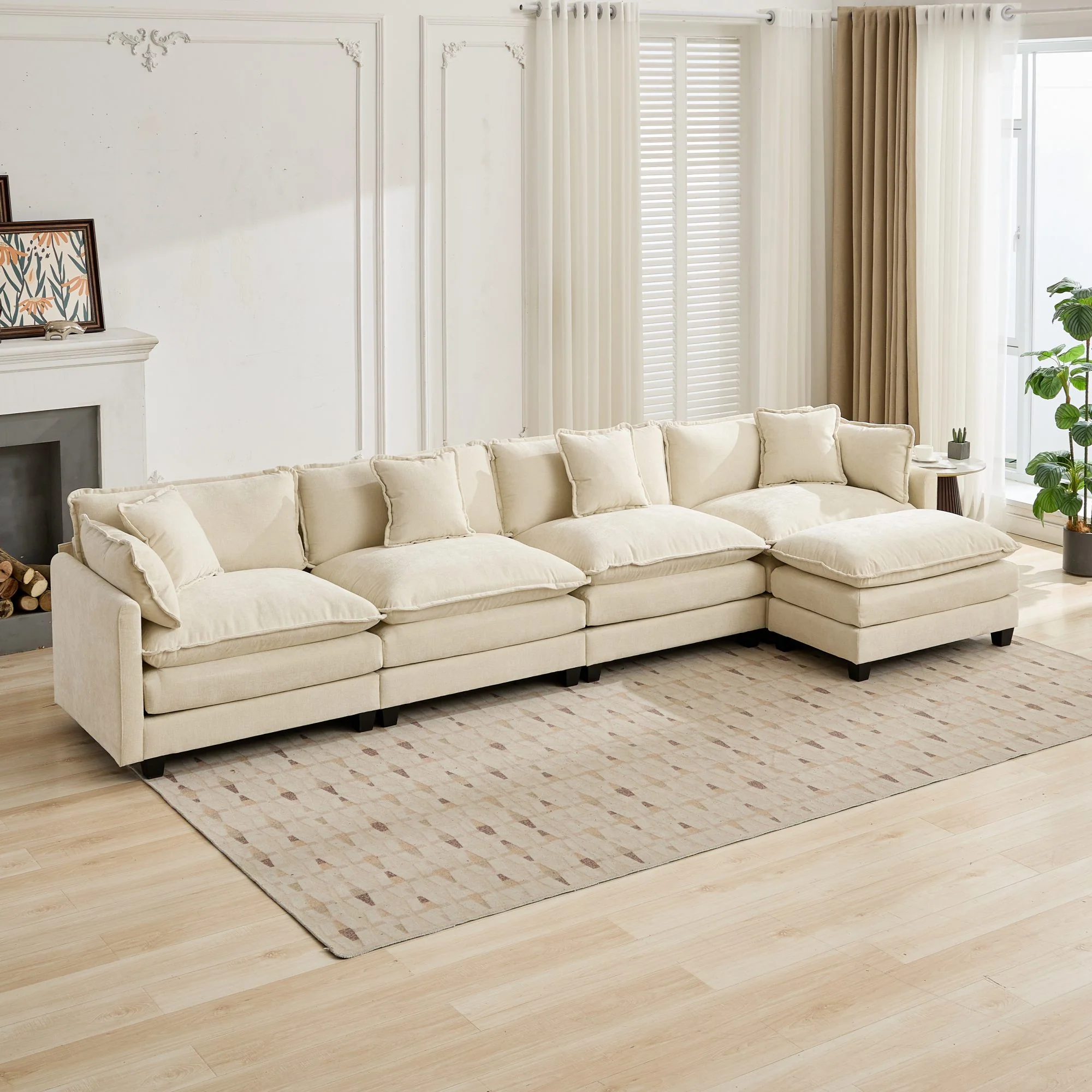 Cloud Sofa Ottoman - Modern Sectional Upholstered Cushion - Chenille Beige - Image 7
