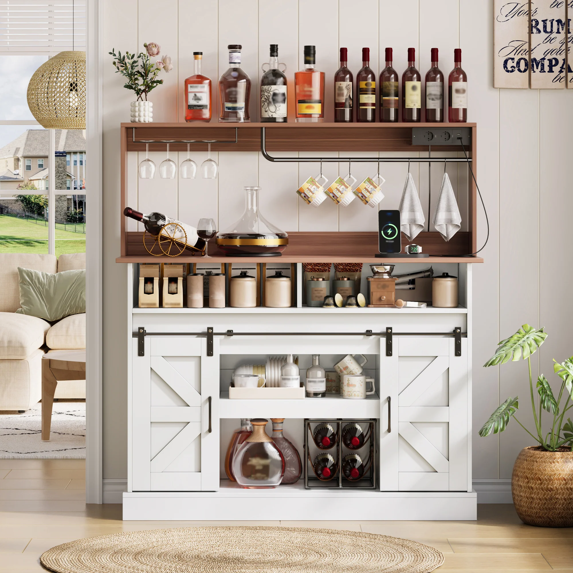 Coffee Bar Sideboard 120cm Glass Holder Power Outlets Sliding Doors - Country Style - Image 10