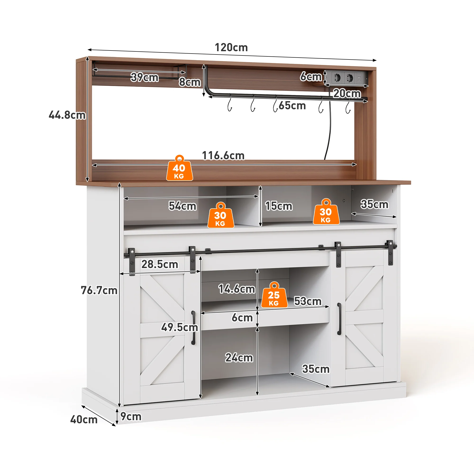 Coffee Bar Sideboard 120cm Glass Holder Power Outlets Sliding Doors - Country Style - Image 6