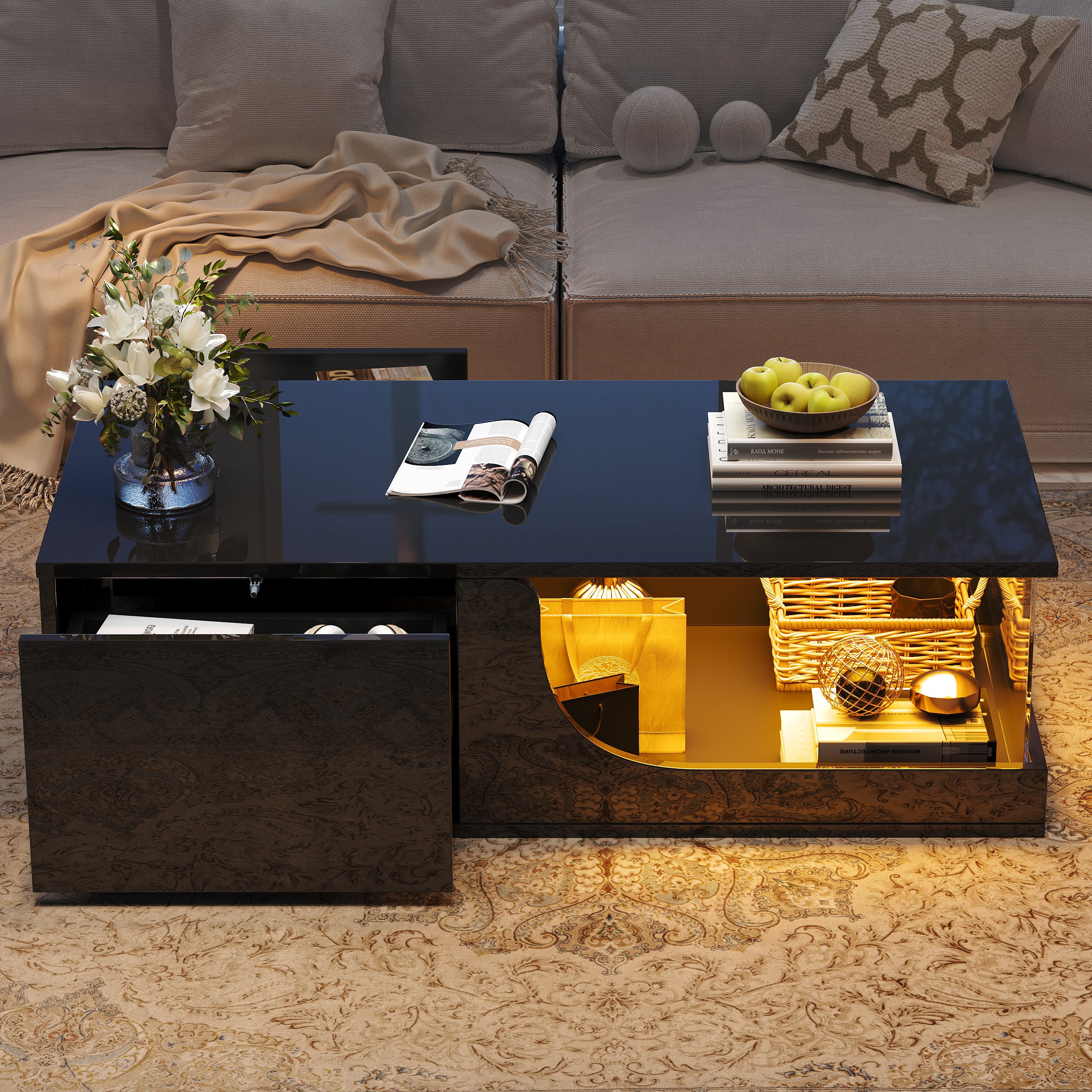 Coffee Table, 100x50x30cm, 2-Drawer High-Gloss with LED, Tempered Glass, Black - Image 2