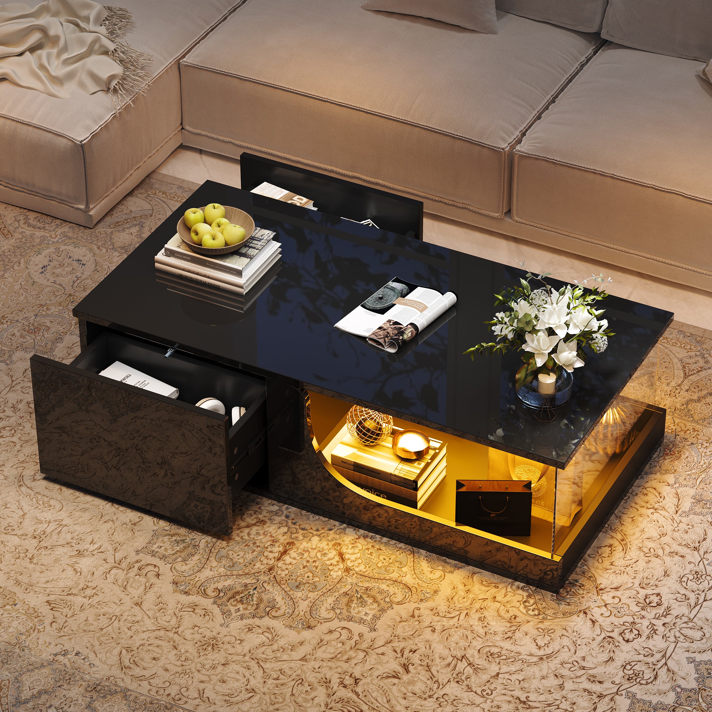 Coffee Table, 100x50x30cm, 2-Drawer High-Gloss with LED, Tempered Glass, Black - Image 3
