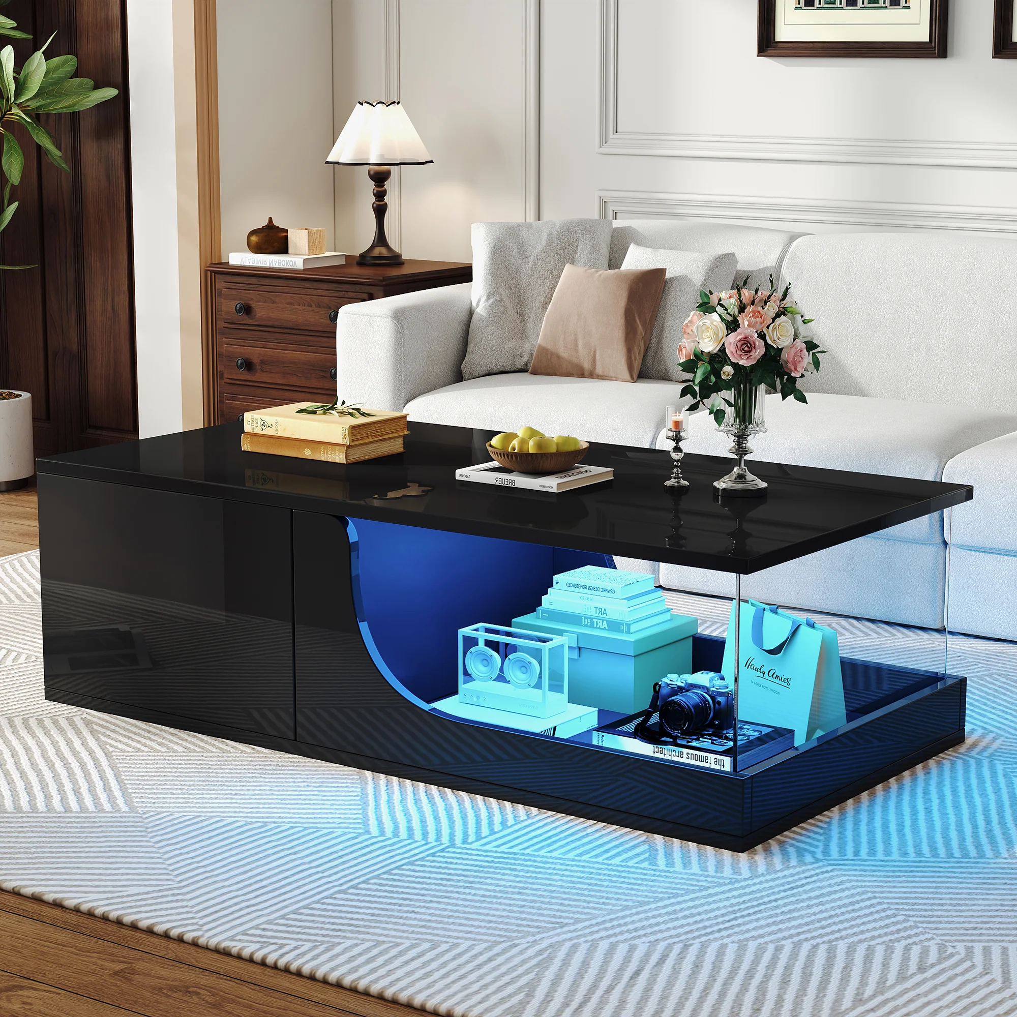 Coffee Table, 100x50x30cm, 2-Drawer High-Gloss with LED, Tempered Glass, Black - Image 4