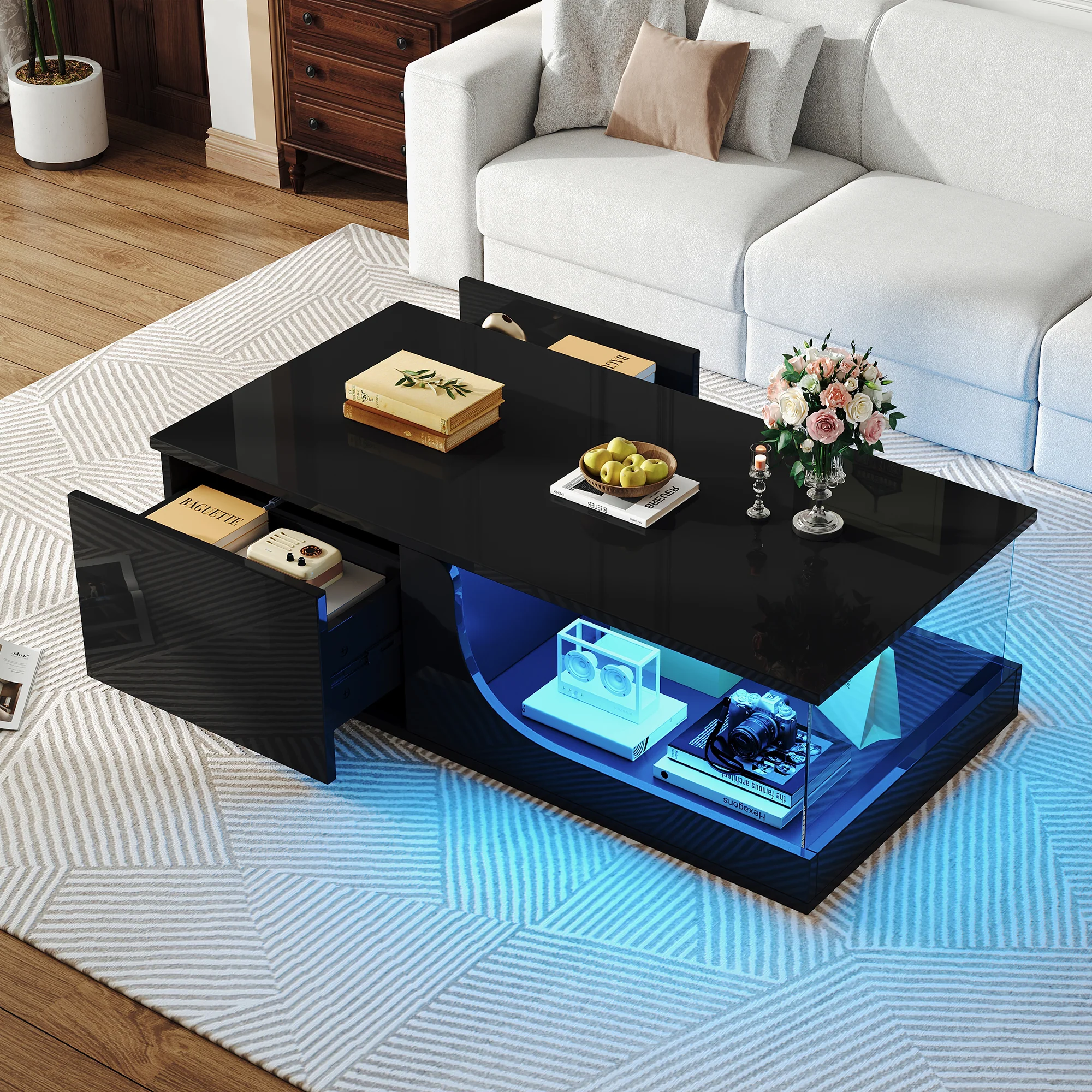 Coffee Table, 100x50x30cm, 2-Drawer High-Gloss with LED, Tempered Glass, Black - Image 5