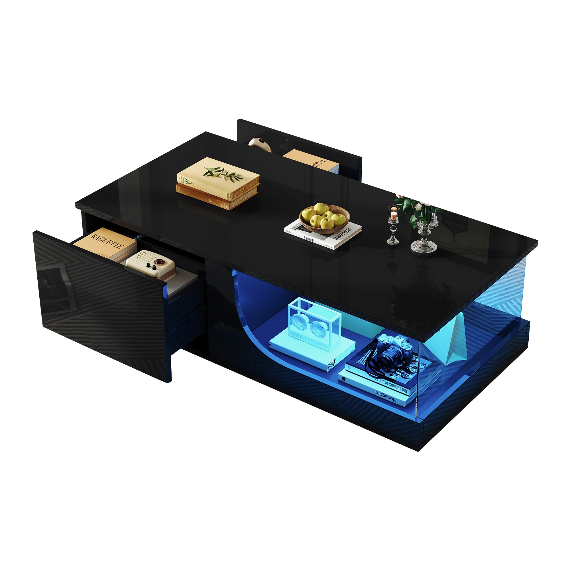 Coffee Table, 100x50x30cm, 2-Drawer High-Gloss with LED, Tempered Glass, Black - Image 6