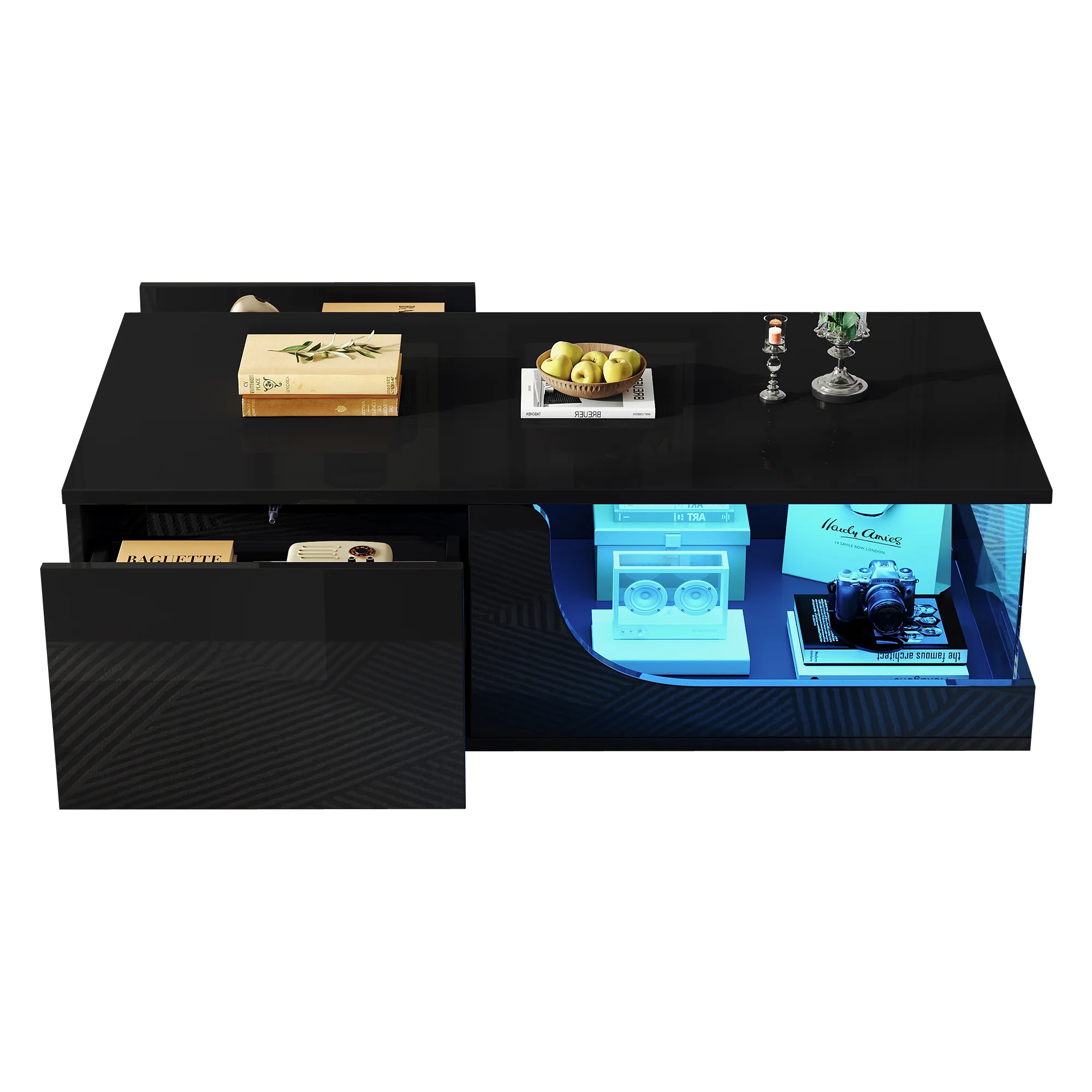 Coffee Table, 100x50x30cm, 2-Drawer High-Gloss with LED, Tempered Glass, Black - Image 7