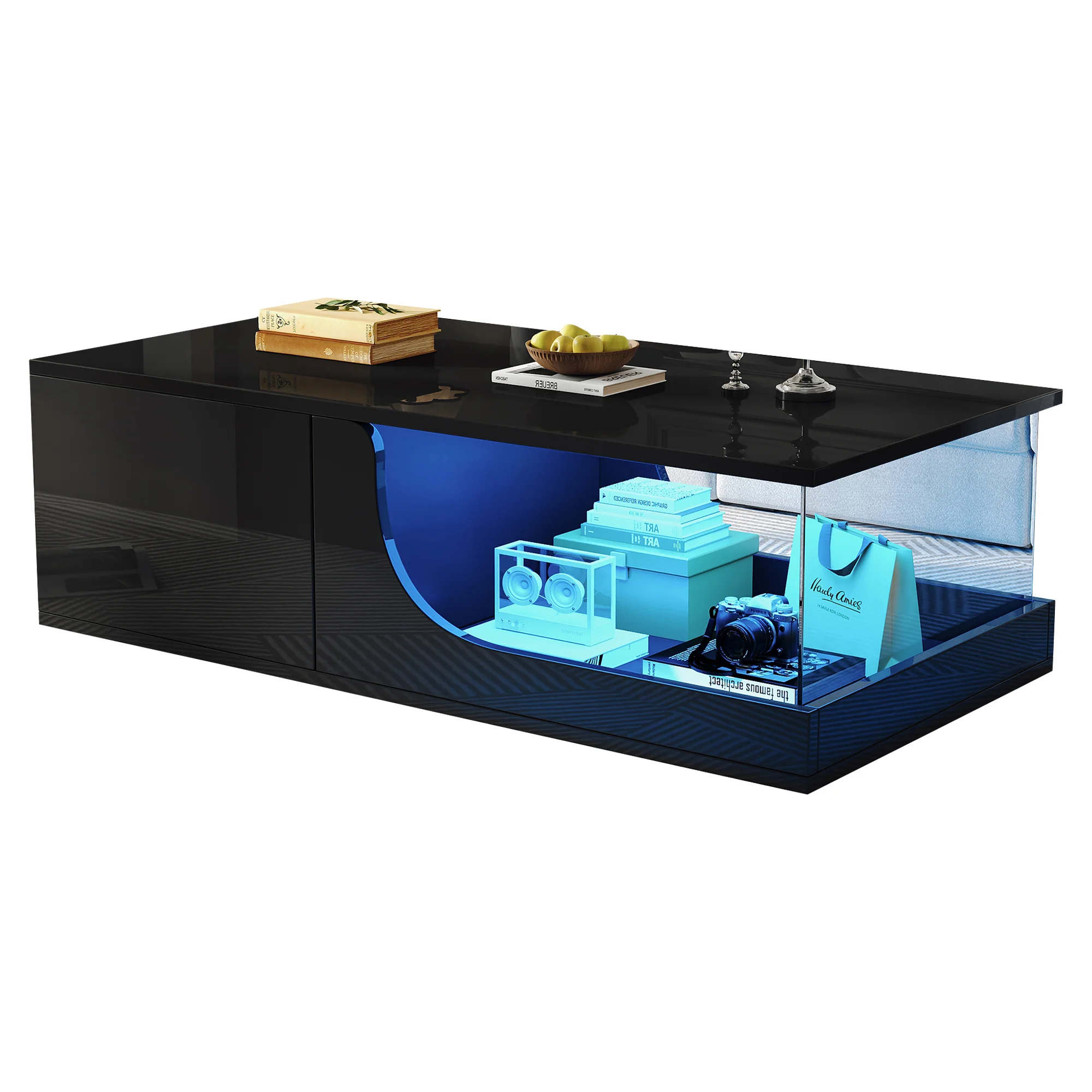 Coffee Table, 100x50x30cm, 2-Drawer High-Gloss with LED, Tempered Glass, Black - Image 8