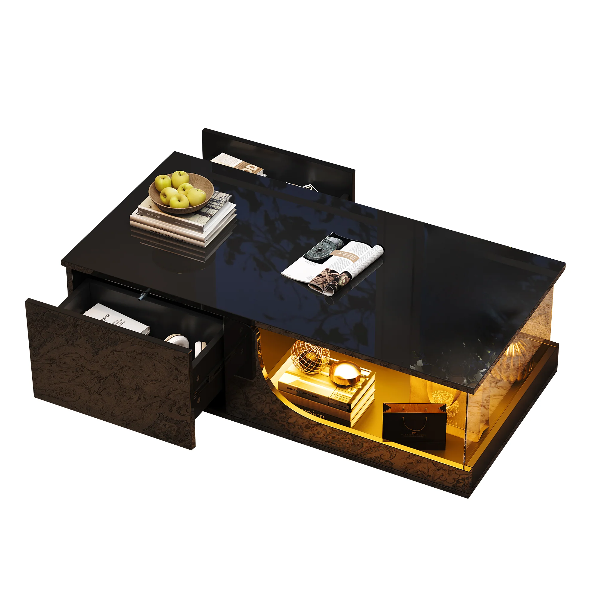 Coffee Table, 100x50x30cm, 2-Drawer High-Gloss with LED, Tempered Glass, Black - Image 9