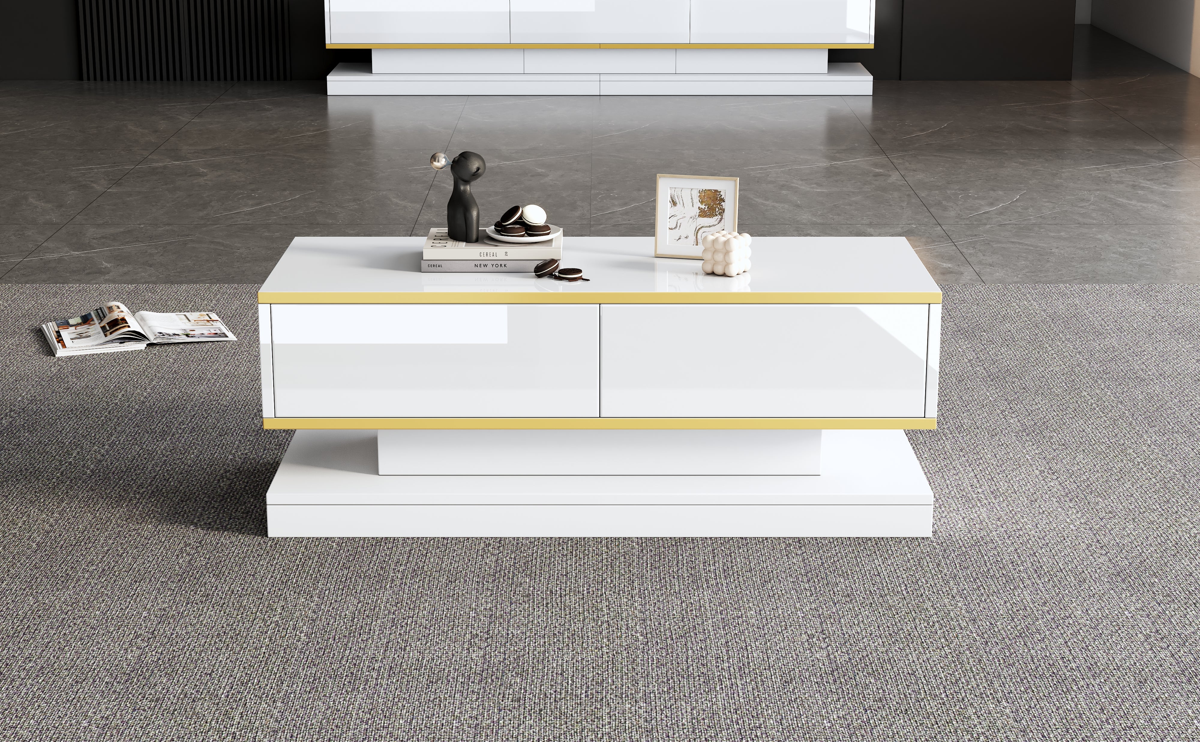 Coffee Table 100x50x38cm High Gloss with 2 Drawers, Warm White and Gold Edge - Image 10