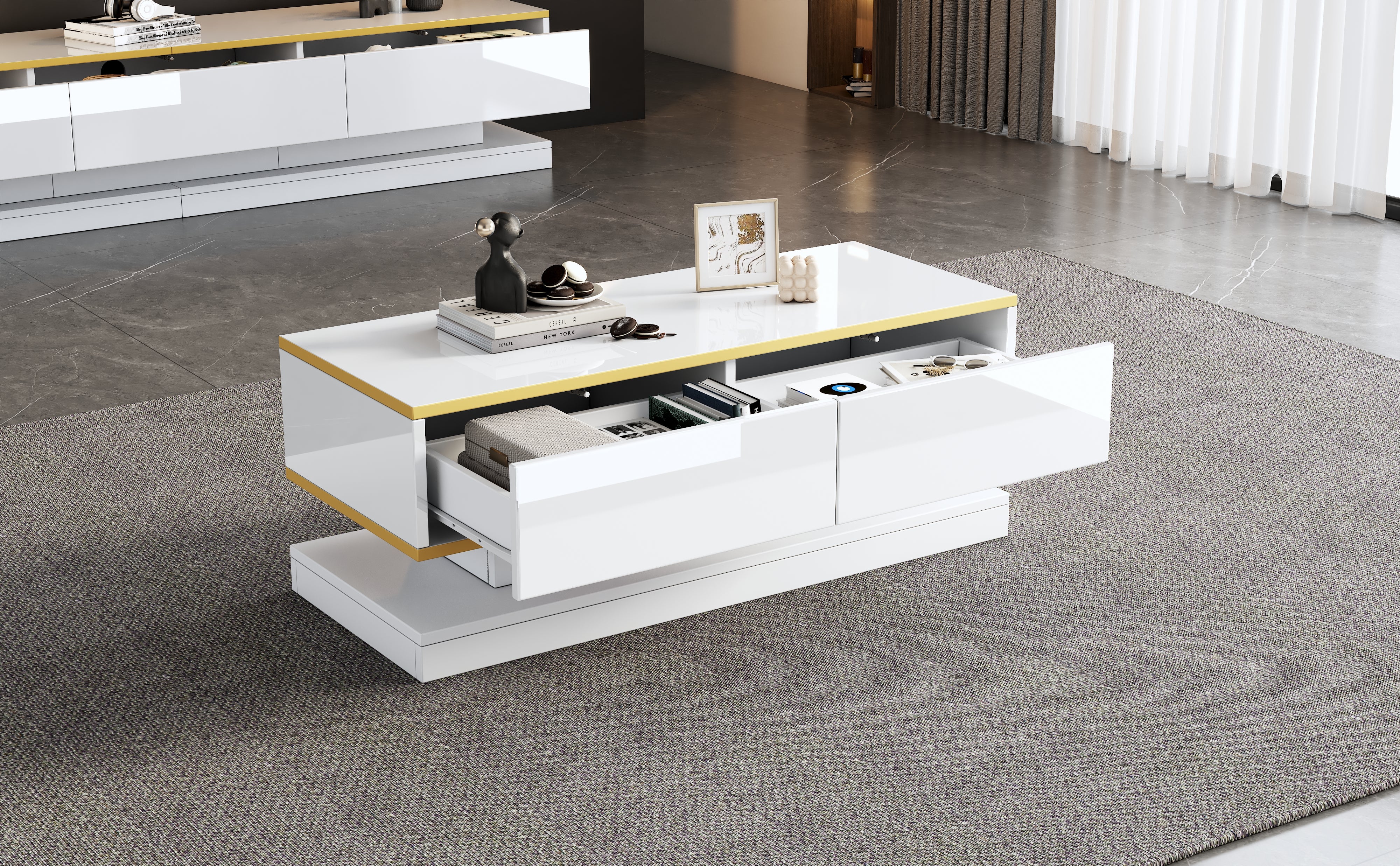 Coffee Table 100x50x38cm High Gloss with 2 Drawers, Warm White and Gold Edge - Image 11