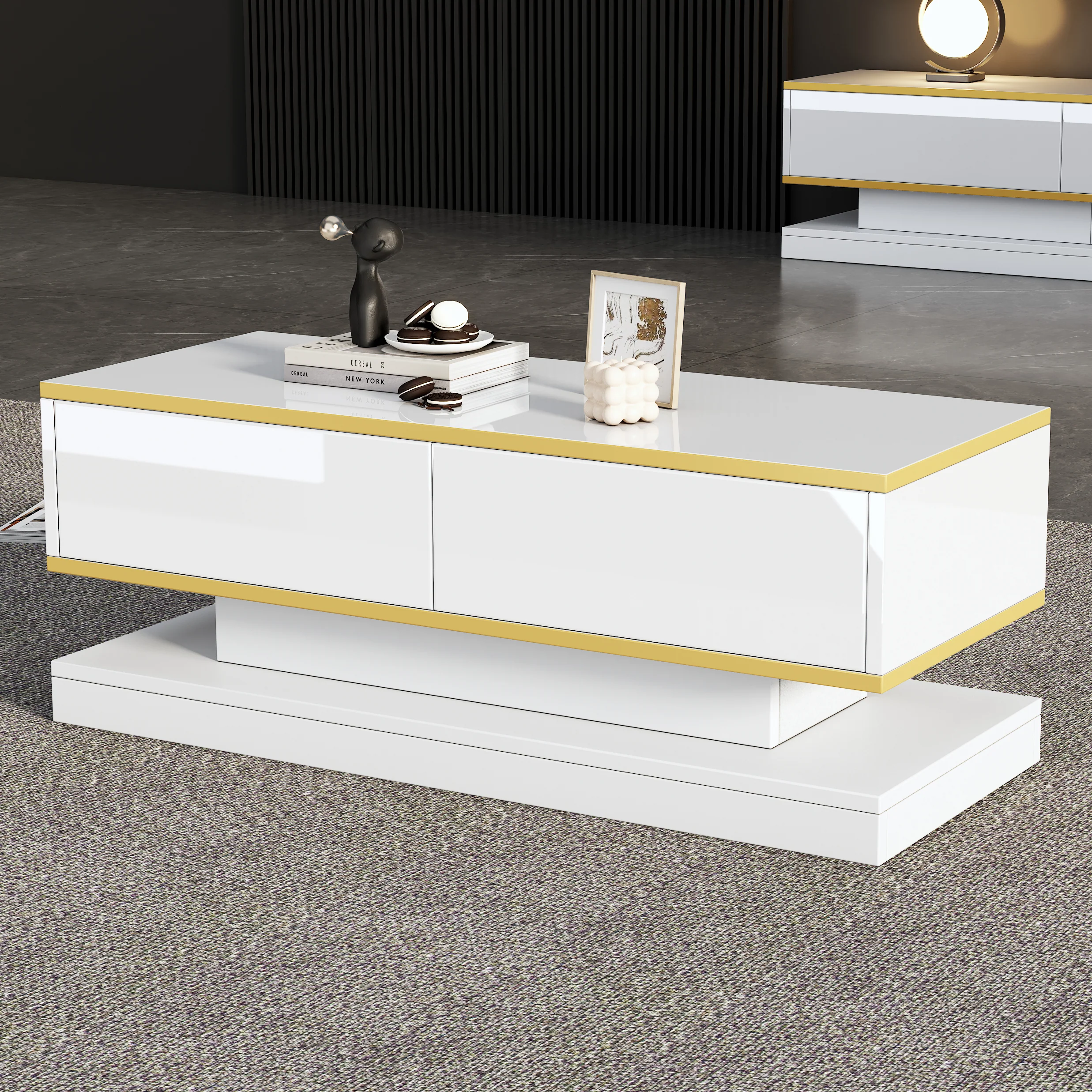 Coffee Table 100x50x38cm High Gloss with 2 Drawers, Warm White and Gold Edge - Image 2