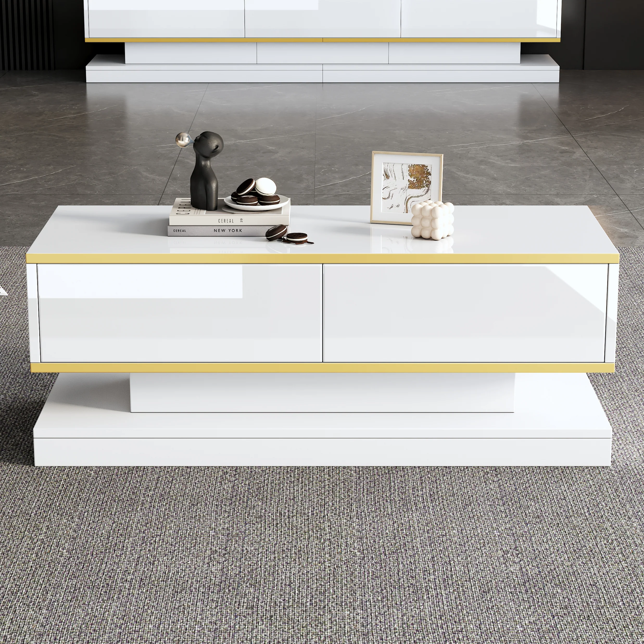 Coffee Table 100x50x38cm High Gloss with 2 Drawers, Warm White and Gold Edge - Image 3