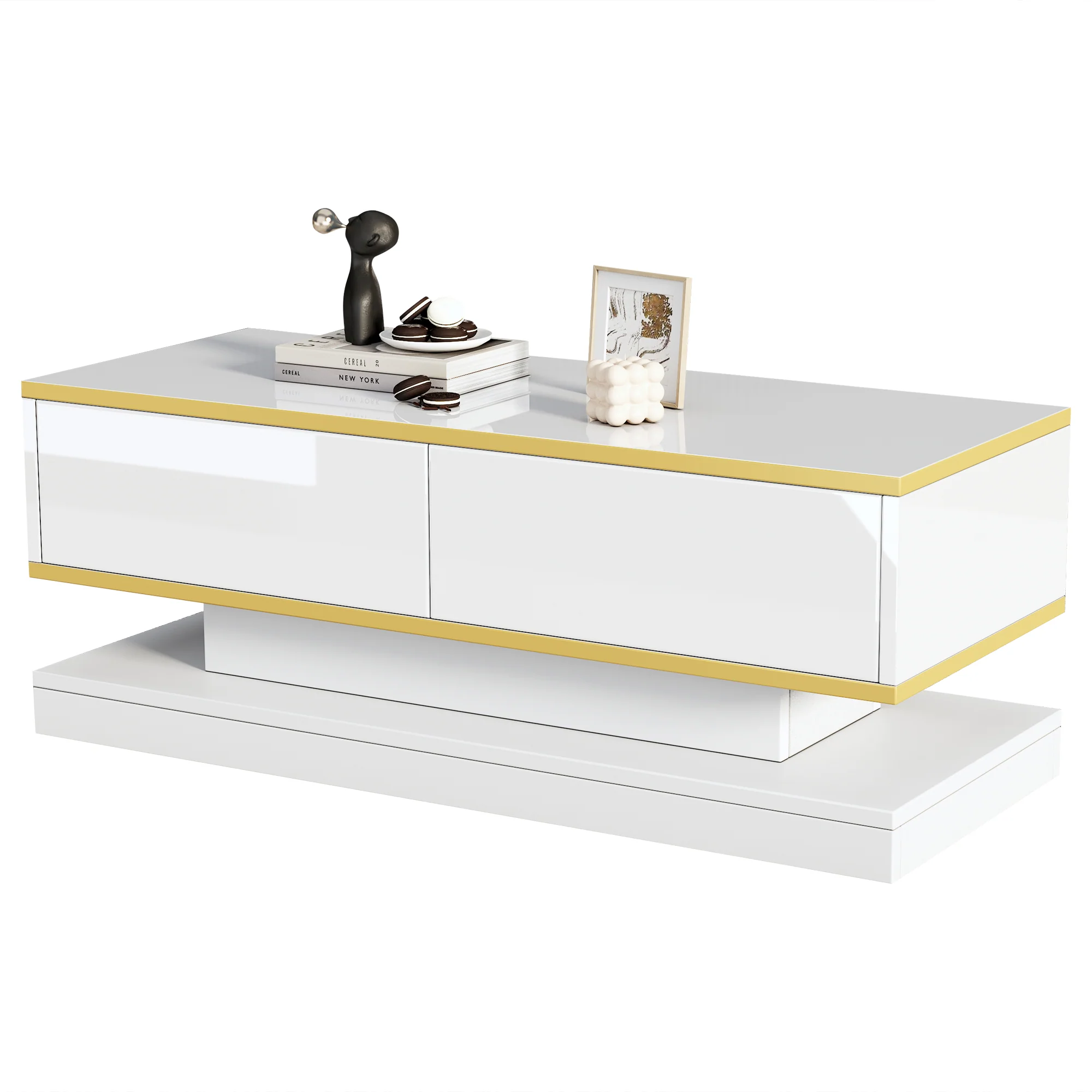 Coffee Table 100x50x38cm High Gloss with 2 Drawers, Warm White and Gold Edge - Image 5