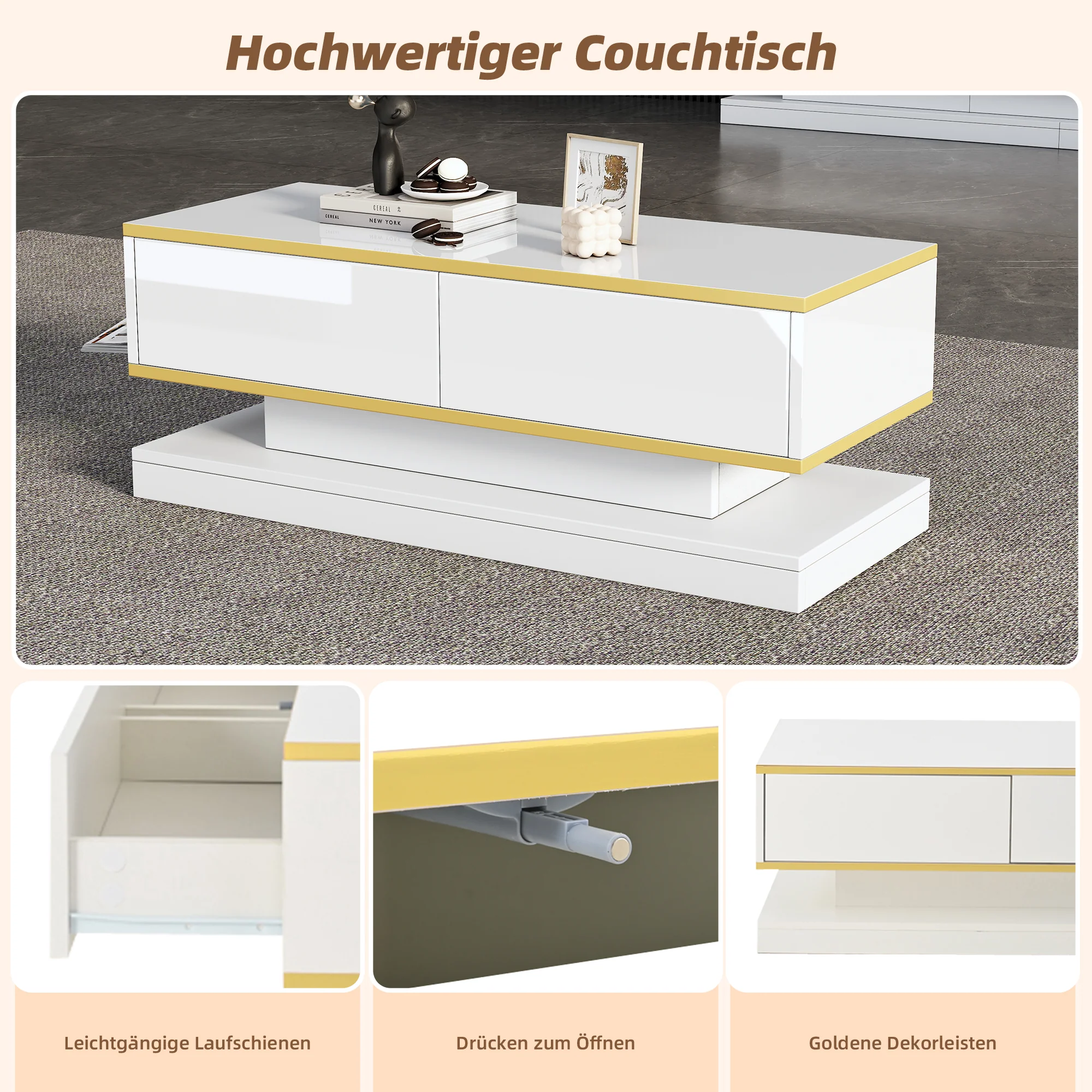 Coffee Table 100x50x38cm High Gloss with 2 Drawers, Warm White and Gold Edge - Image 7
