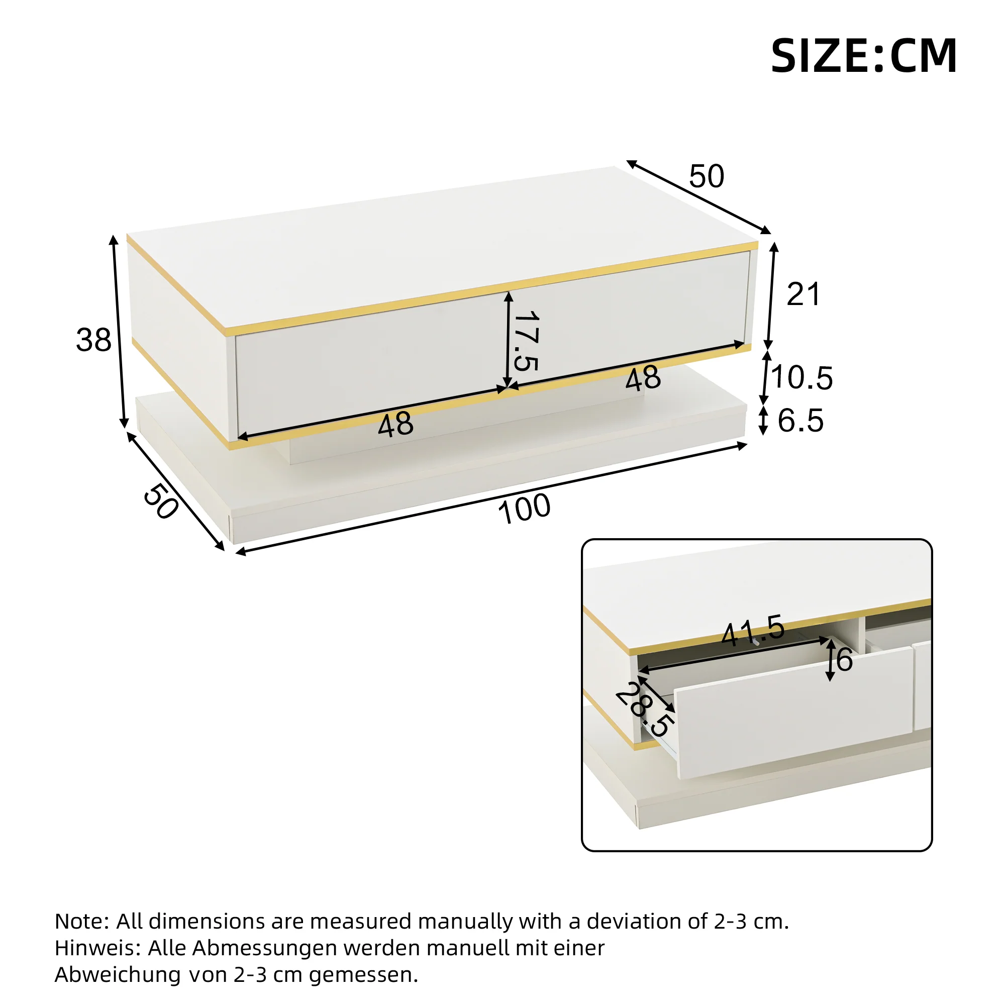 Coffee Table 100x50x38cm High Gloss with 2 Drawers, Warm White and Gold Edge - Image 8