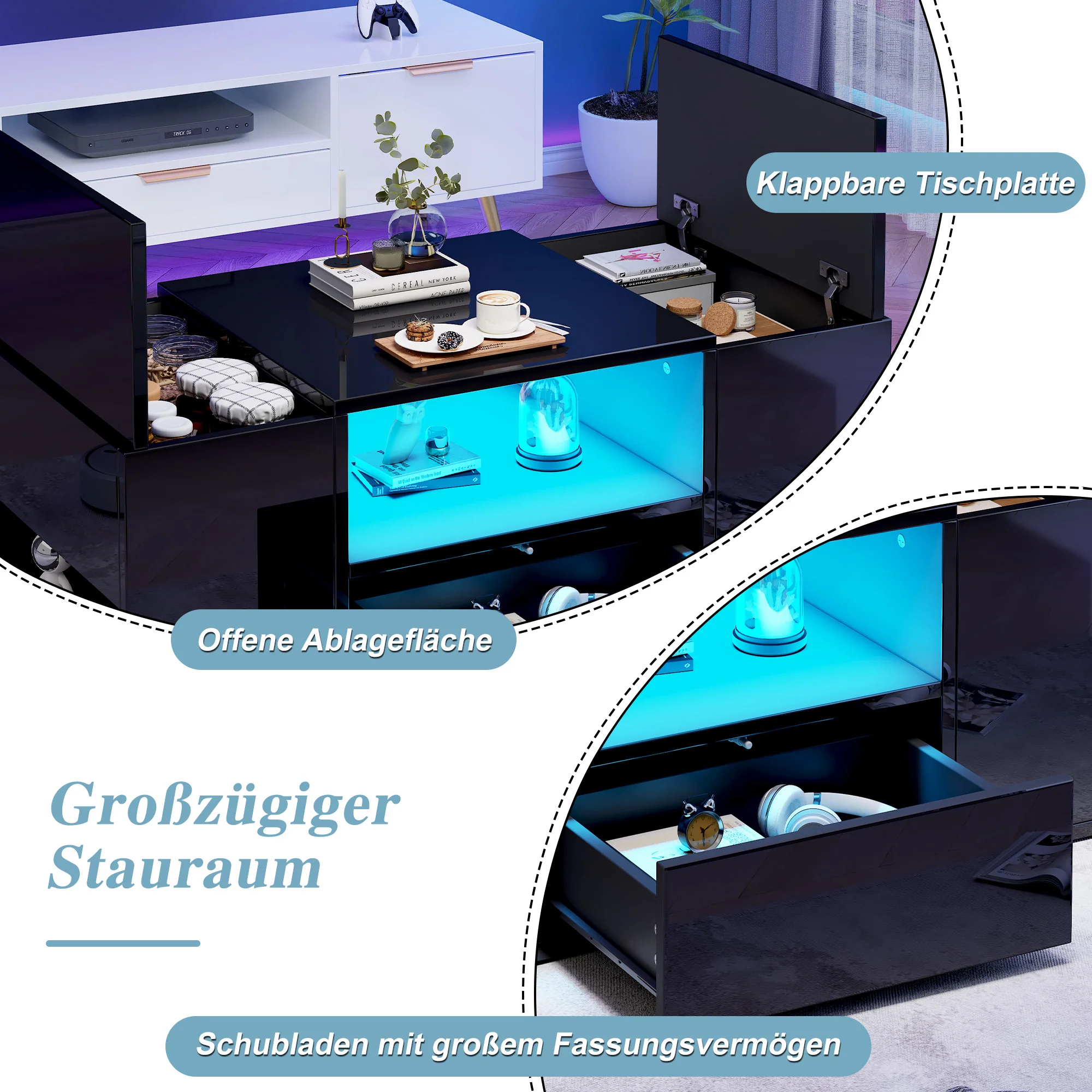 Coffee Table 100x50x40cm High-Gloss LED 1 Drawer 2 Cabinets - Black - Image 10