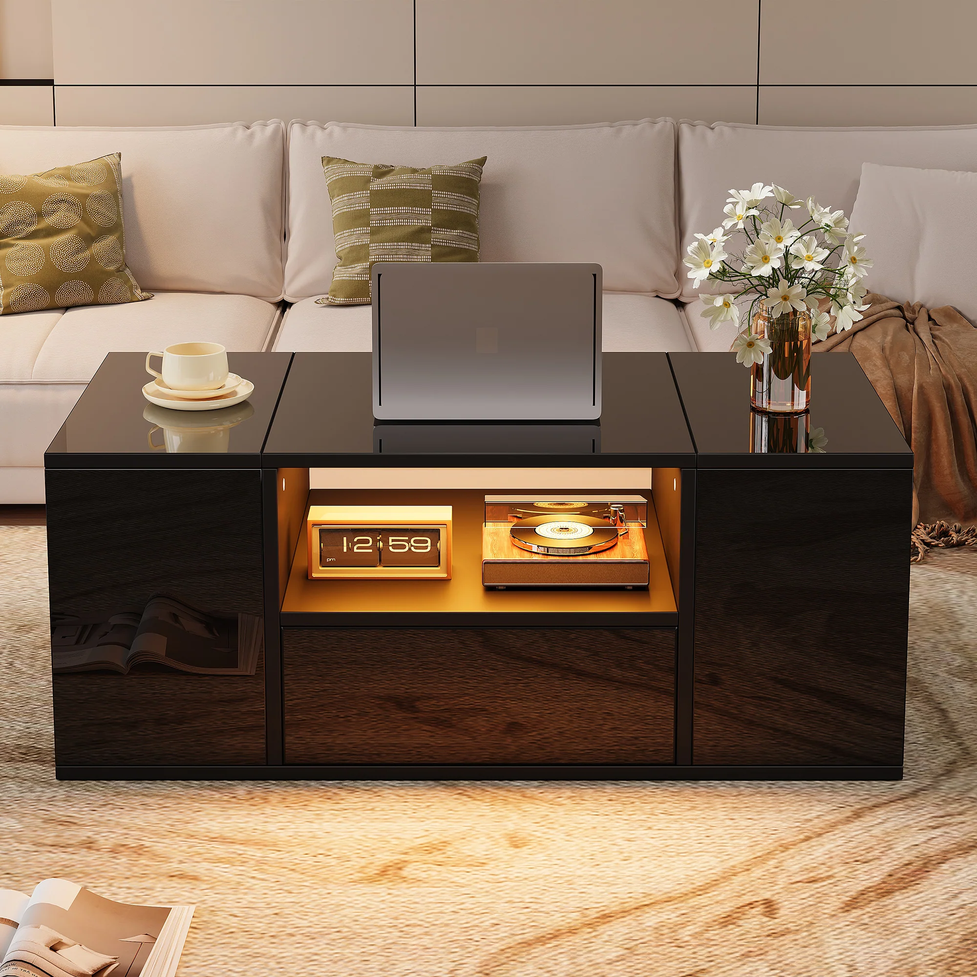 Coffee Table 100x50x40cm High-Gloss LED 1 Drawer 2 Cabinets - Black - Image 2