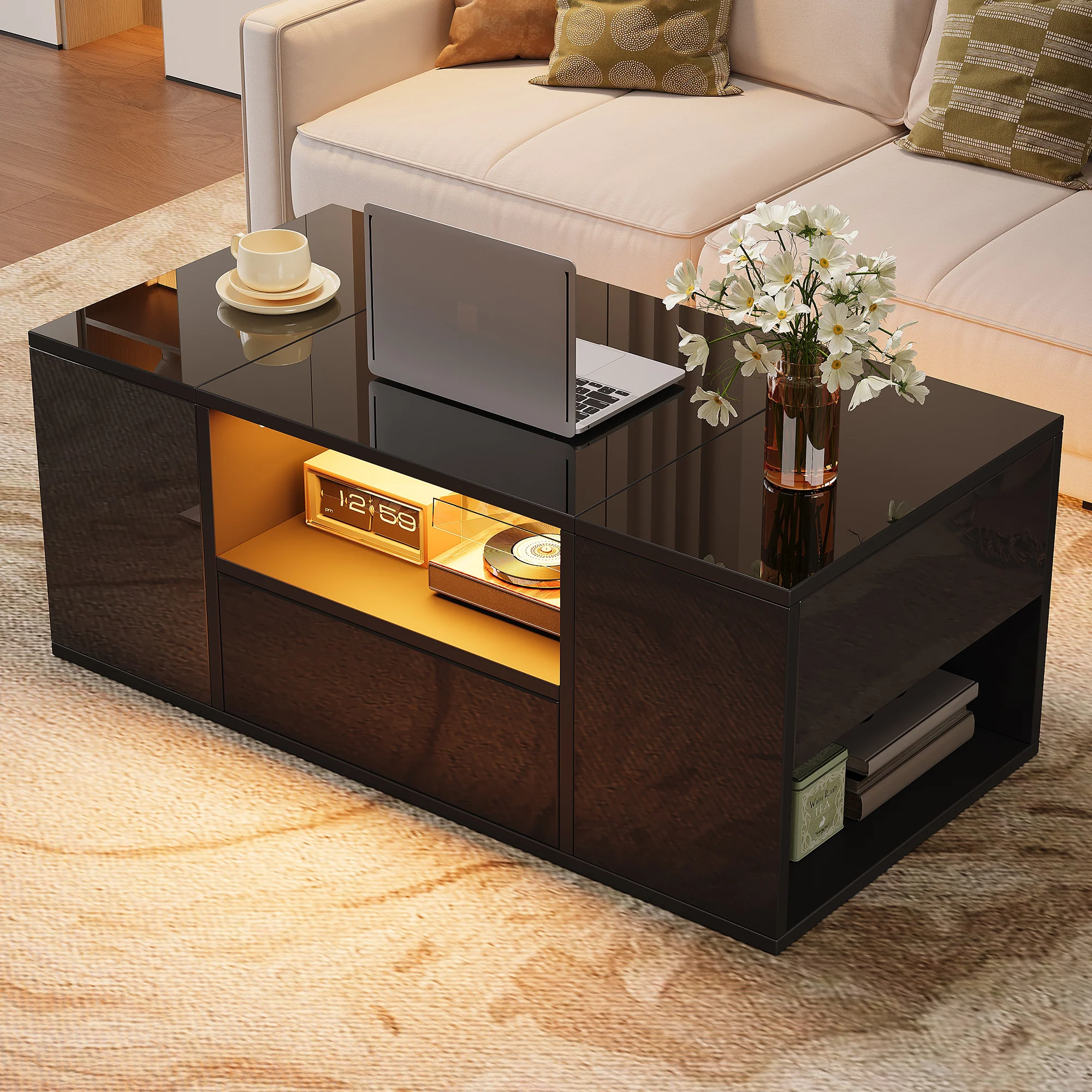 Coffee Table 100x50x40cm High-Gloss LED 1 Drawer 2 Cabinets - Black - Image 3