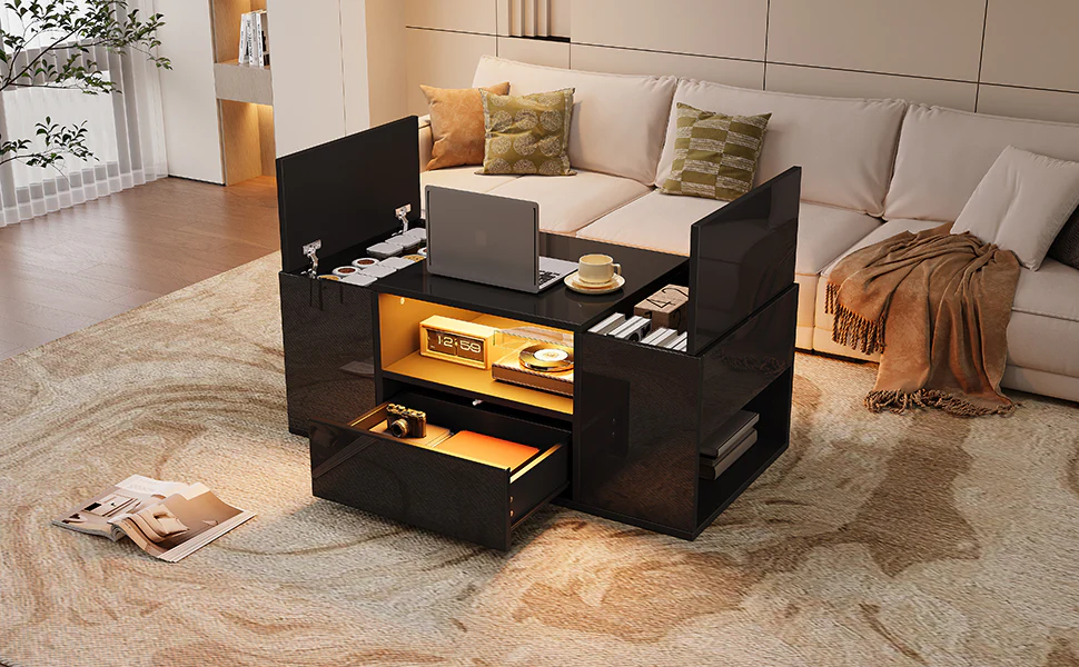 Coffee Table 100x50x40cm High-Gloss LED 1 Drawer 2 Cabinets - Black - Image 4