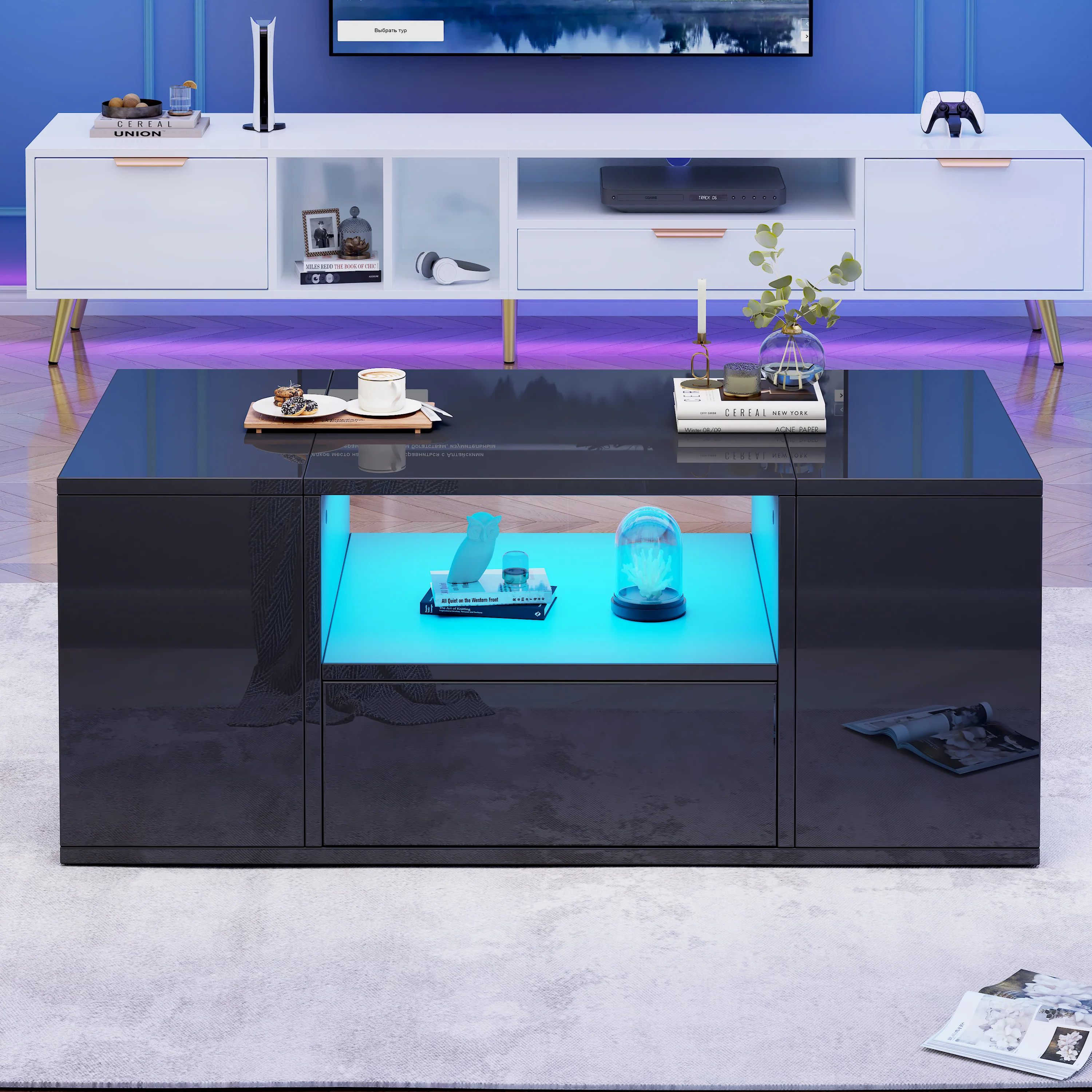 Coffee Table 100x50x40cm High-Gloss LED 1 Drawer 2 Cabinets - Black - Image 6