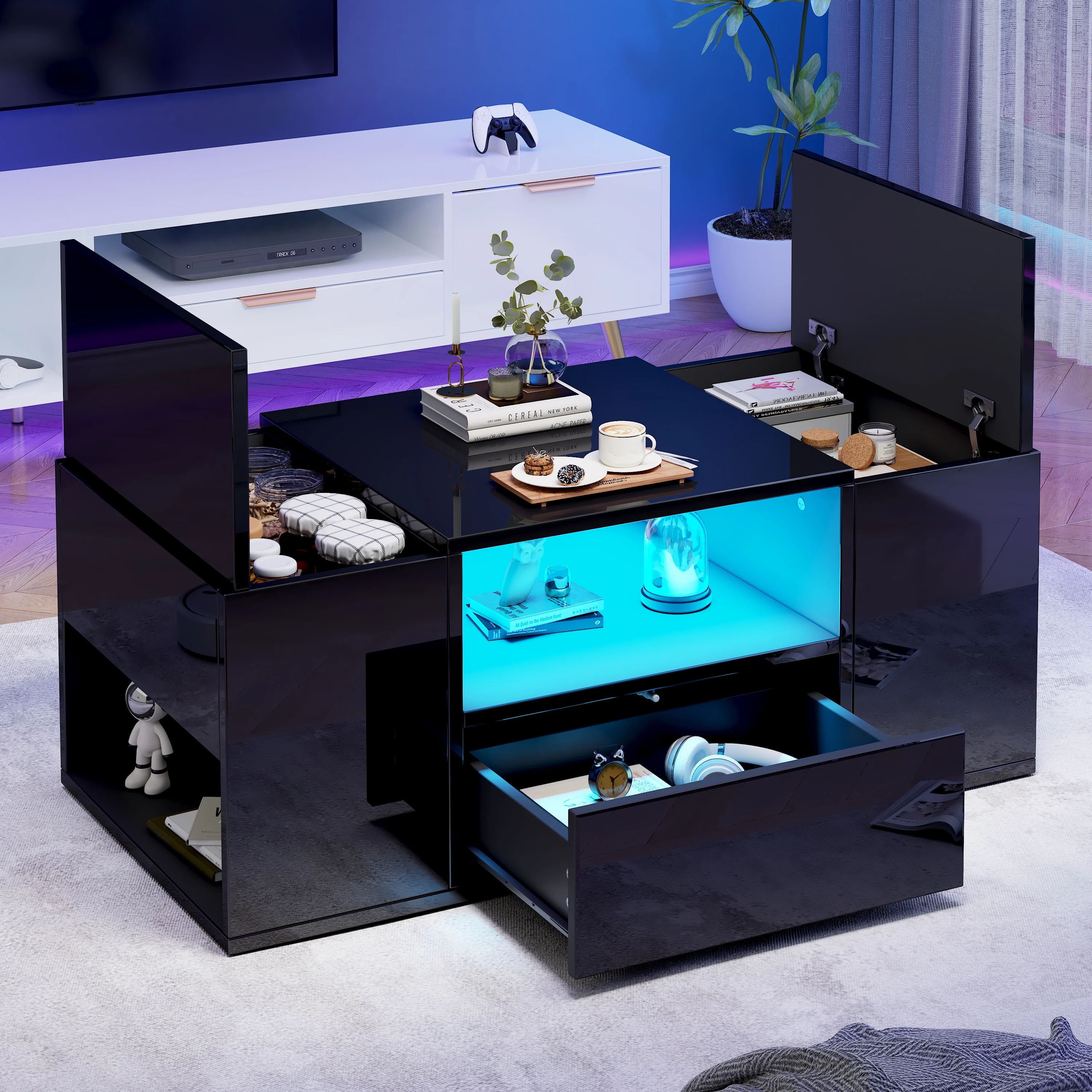 Coffee Table 100x50x40cm High-Gloss LED 1 Drawer 2 Cabinets - Black - Image 7