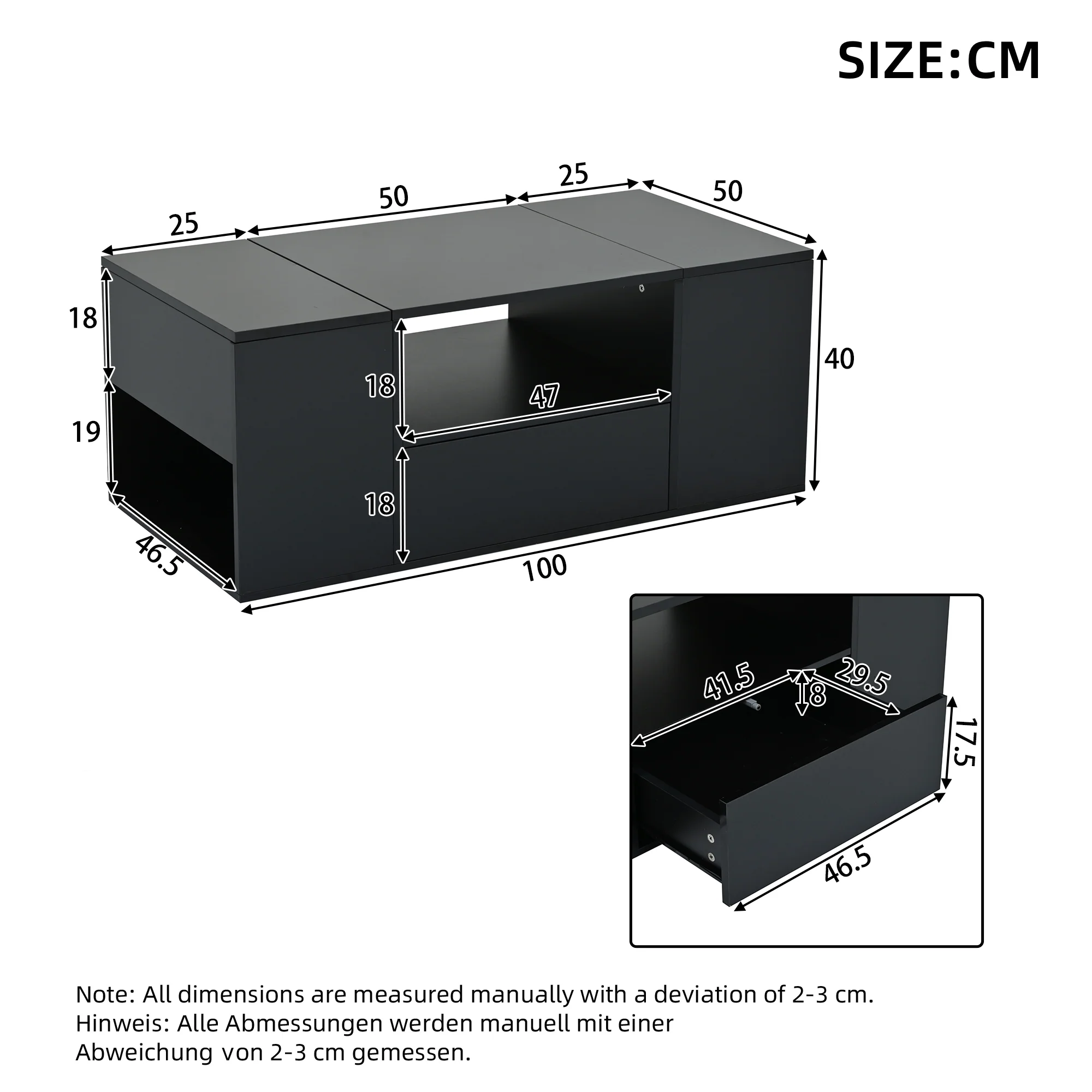 Coffee Table 100x50x40cm High-Gloss LED 1 Drawer 2 Cabinets - Black - Image 8