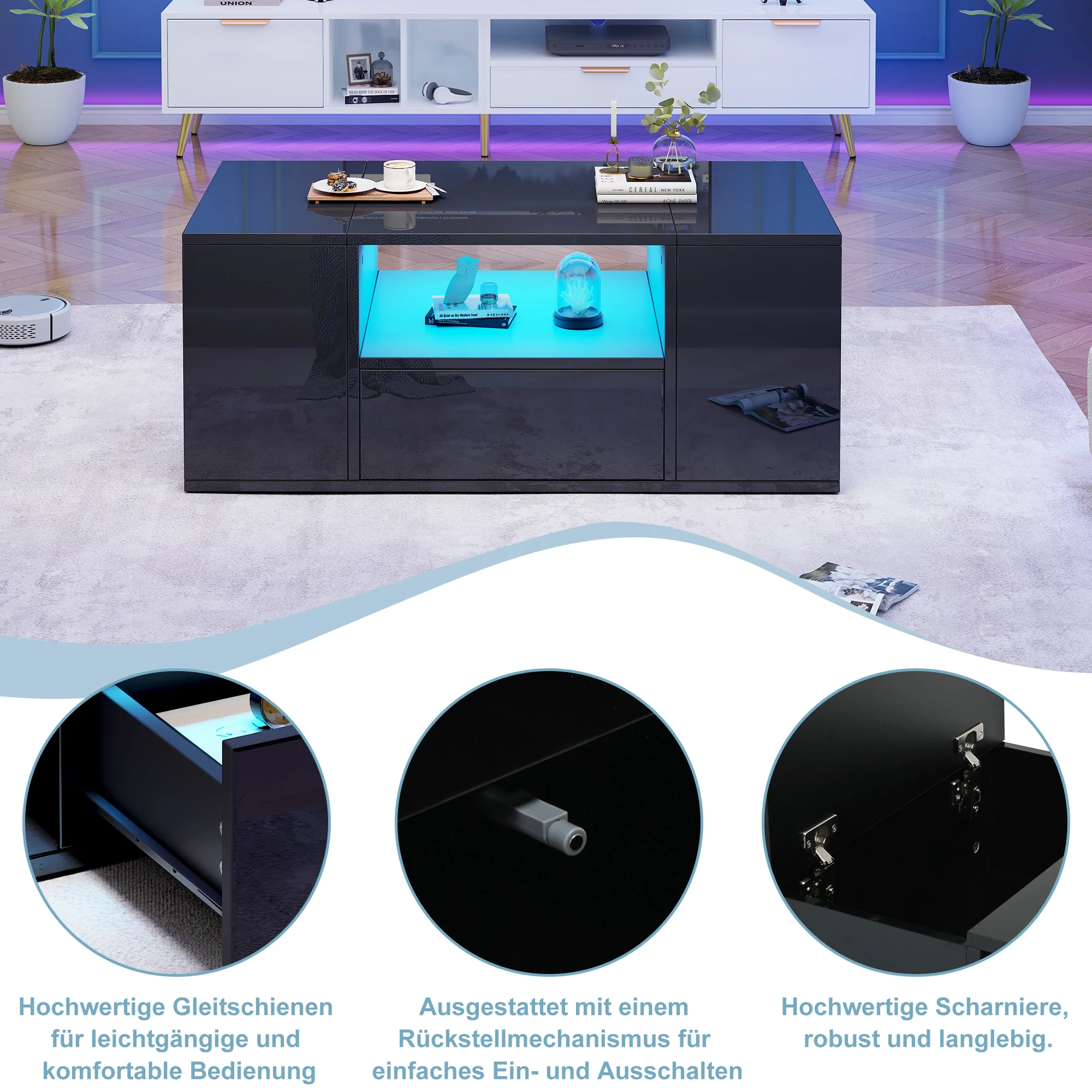Coffee Table 100x50x40cm High-Gloss LED 1 Drawer 2 Cabinets - Black - Image 9