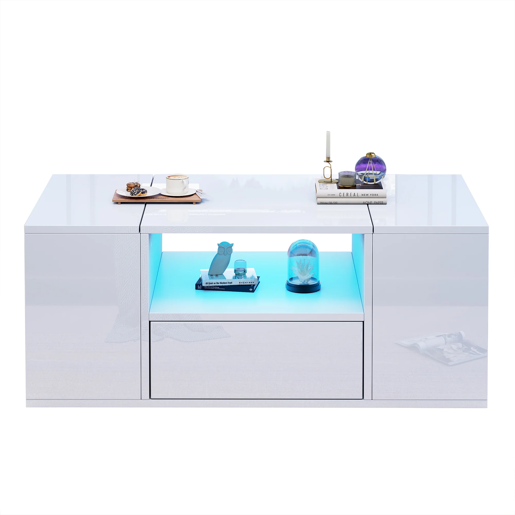 Coffee Table 100x50x40cm High-Gloss LED Light 6 Storage Compartments - White - Image 10