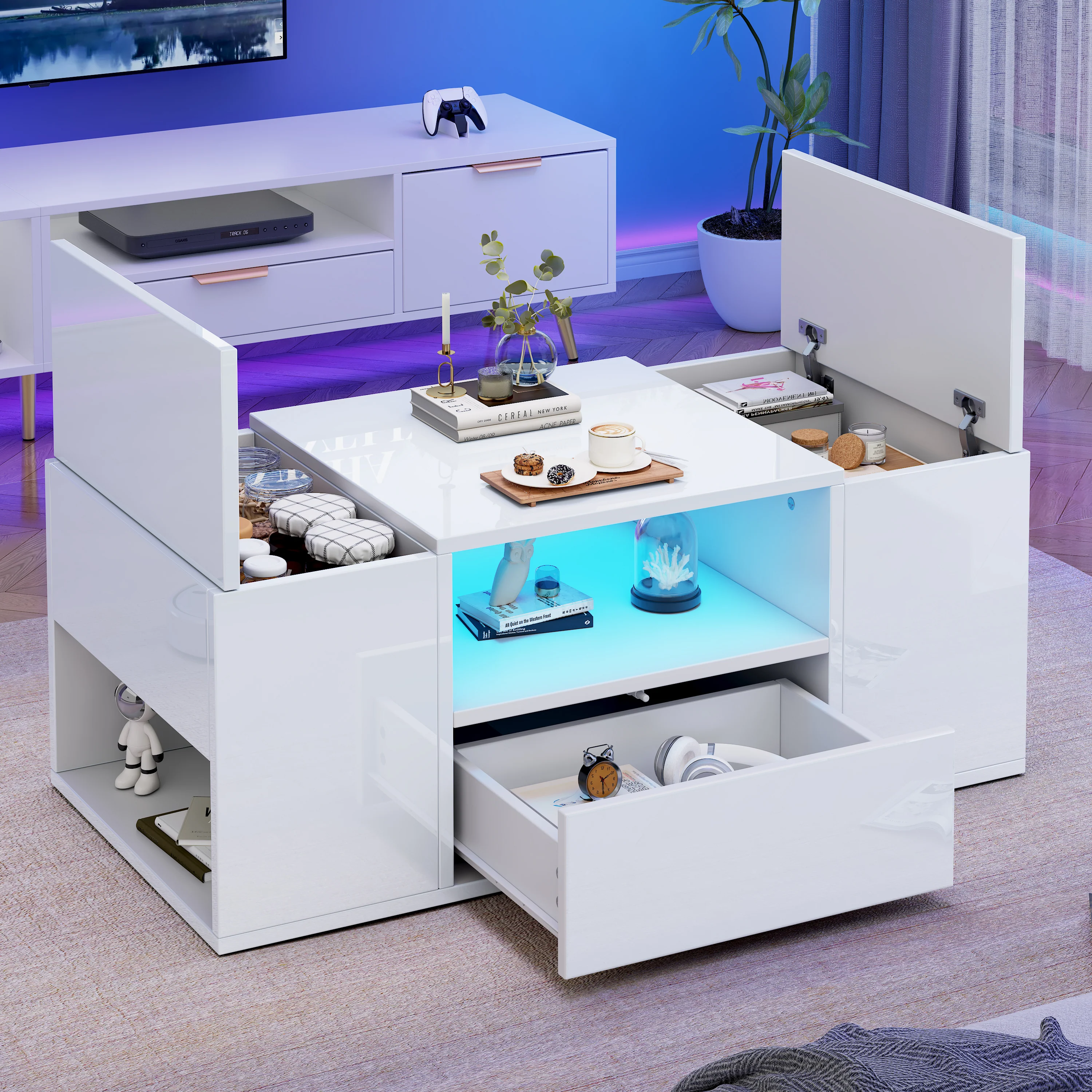 Coffee Table 100x50x40cm High-Gloss LED Light 6 Storage Compartments - White - Image 2