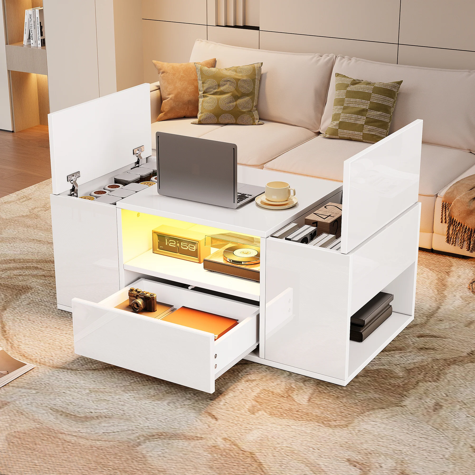Coffee Table 100x50x40cm High-Gloss LED Light 6 Storage Compartments - White - Image 3