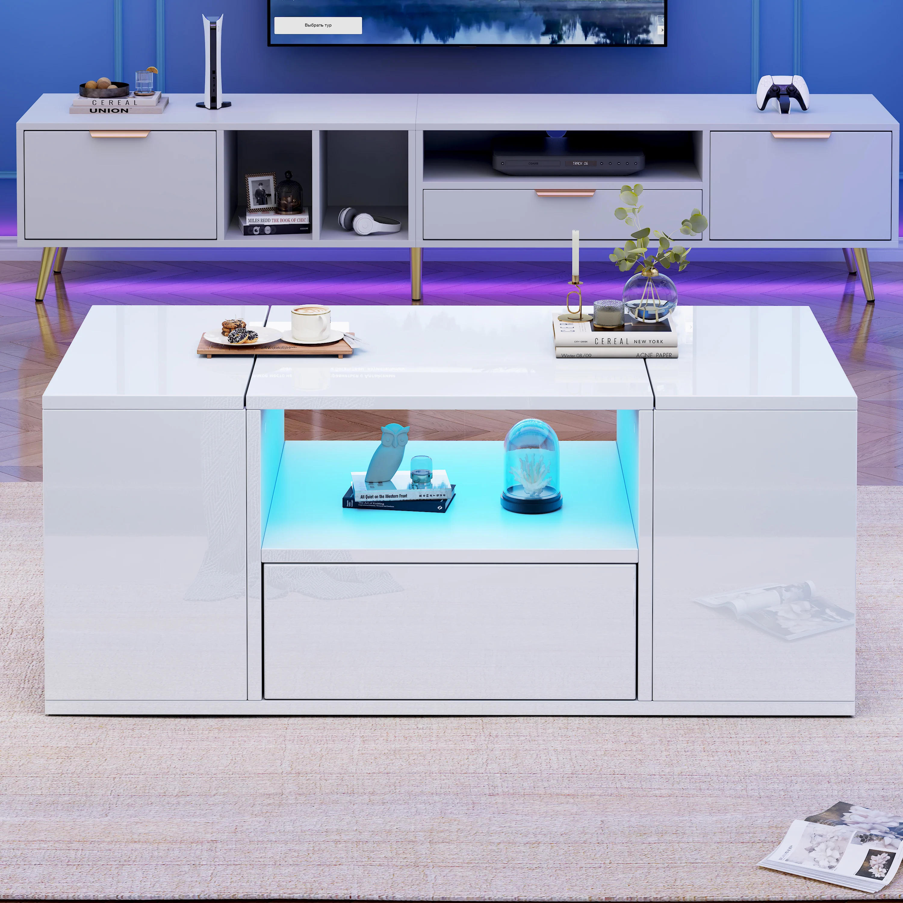 Coffee Table 100x50x40cm High-Gloss LED Light 6 Storage Compartments - White - Image 4