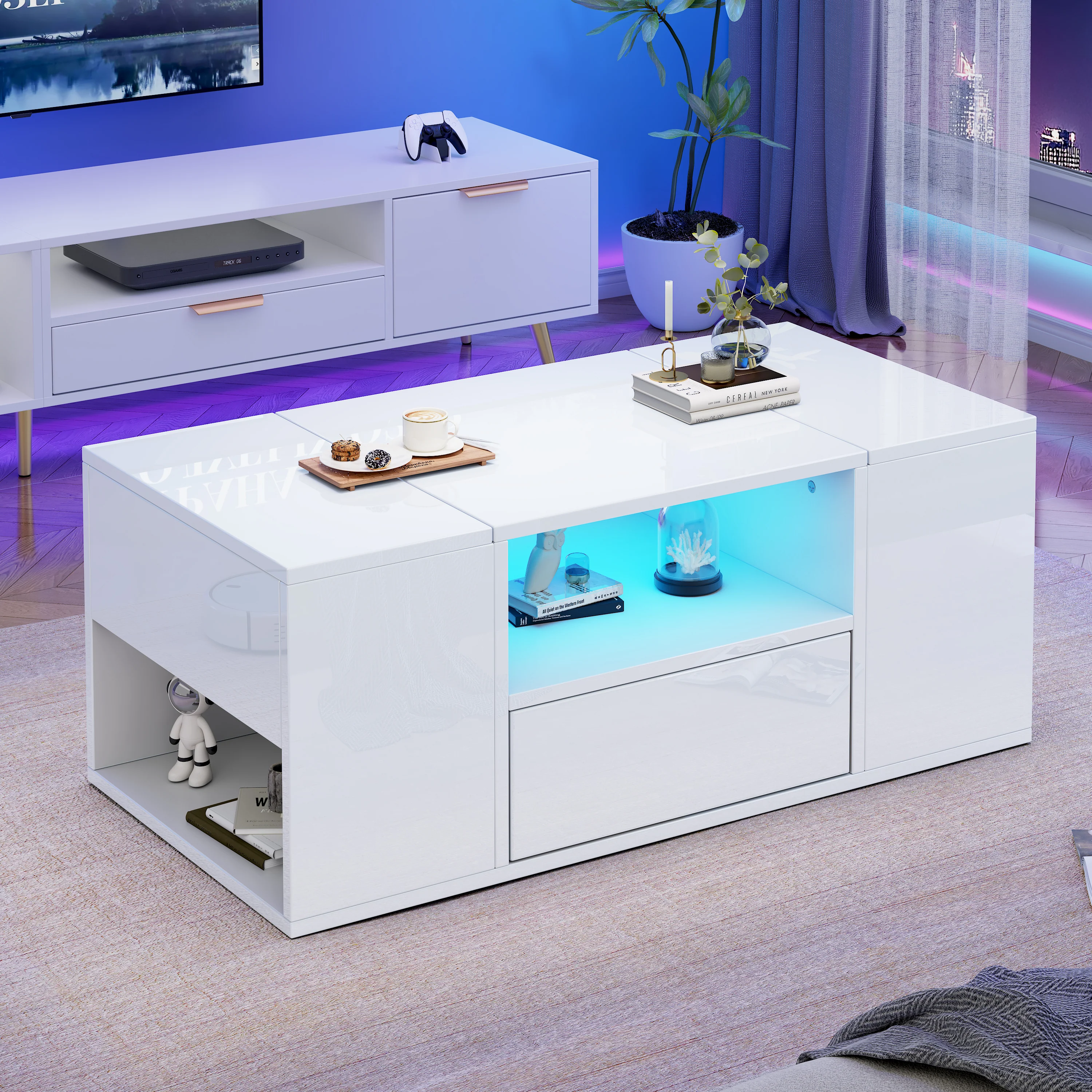 Coffee Table 100x50x40cm High-Gloss LED Light 6 Storage Compartments - White - Image 5
