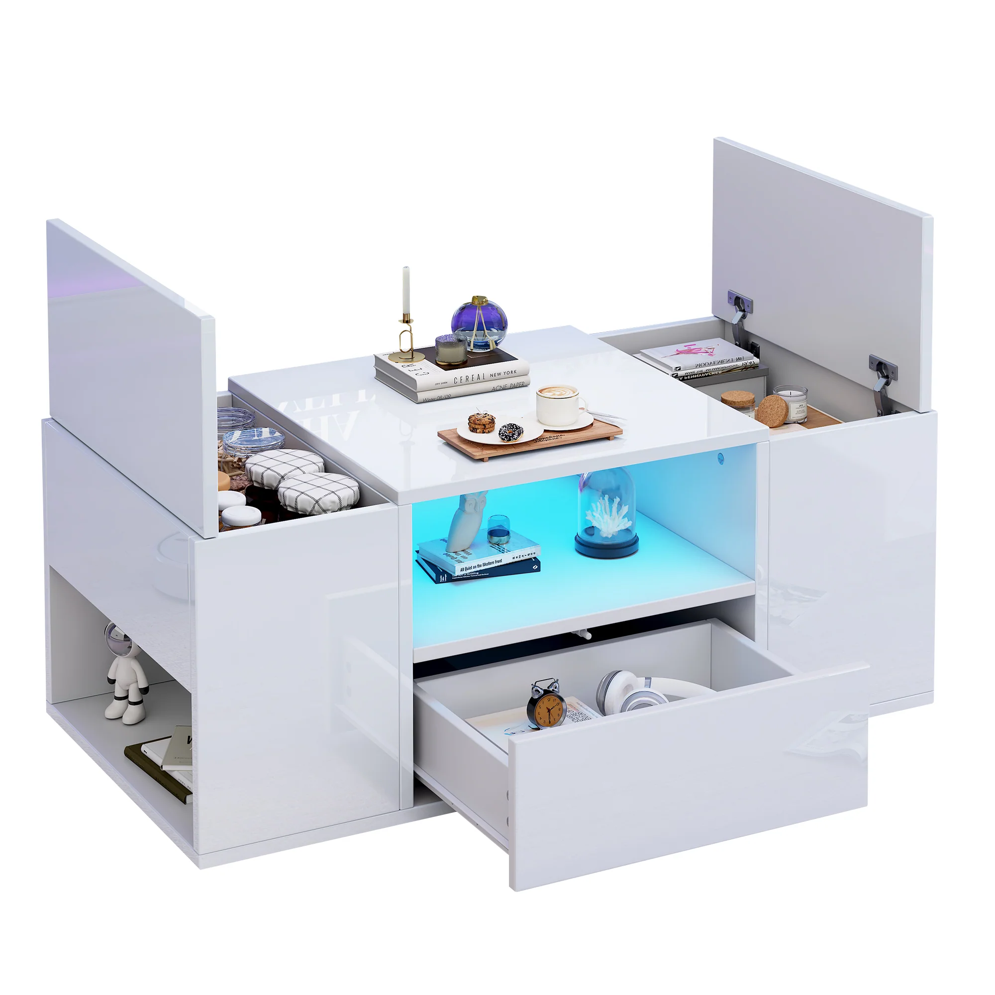 Coffee Table 100x50x40cm High-Gloss LED Light 6 Storage Compartments - White - Image 6