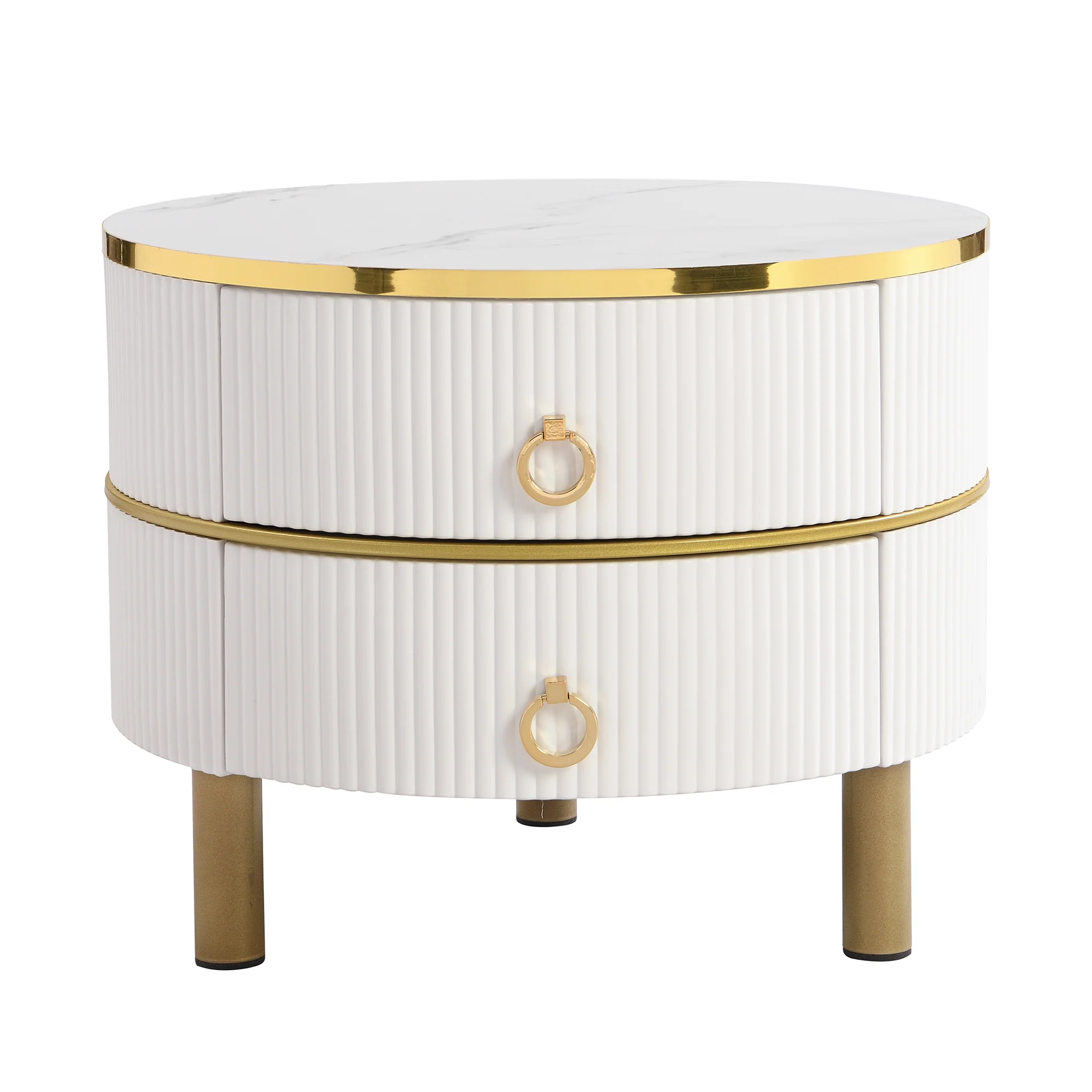 Coffee Table, 2-in-1 Round MDF & Tempered Glass with 2 Drawers, White & Brown - Image 7