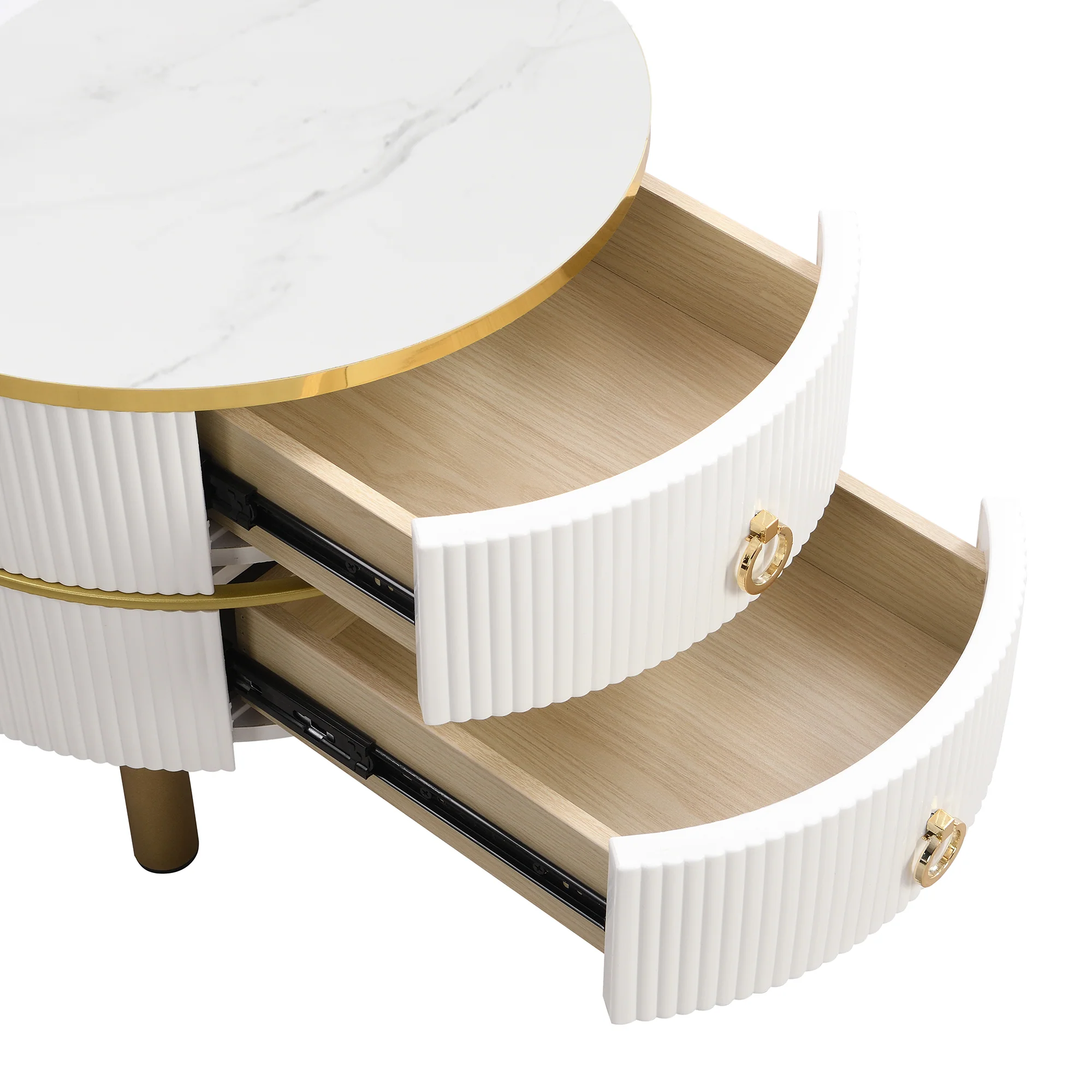 Coffee Table, 2-in-1 Round MDF & Tempered Glass with 2 Drawers, White & Brown - Image 9