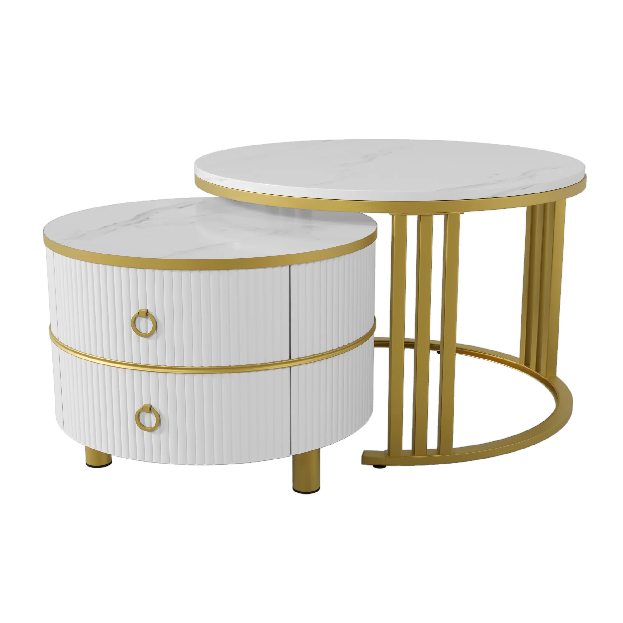 Coffee Table, 2-in-1 Round with 2 Drawers, White Marble & MDF - Image 10