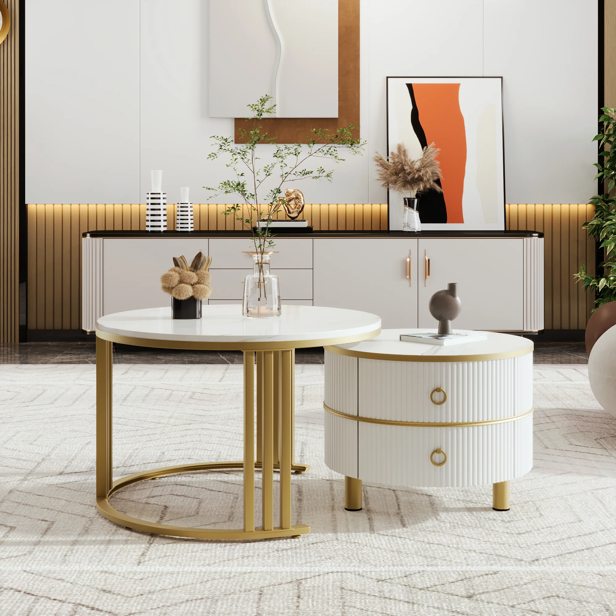 Coffee Table, 2-in-1 Round with 2 Drawers, White Marble & MDF - Image 2