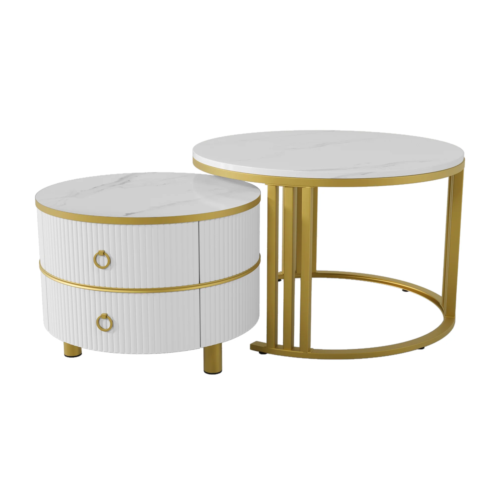 Coffee Table, 2-in-1 Round with 2 Drawers, White Marble & MDF - Image 3