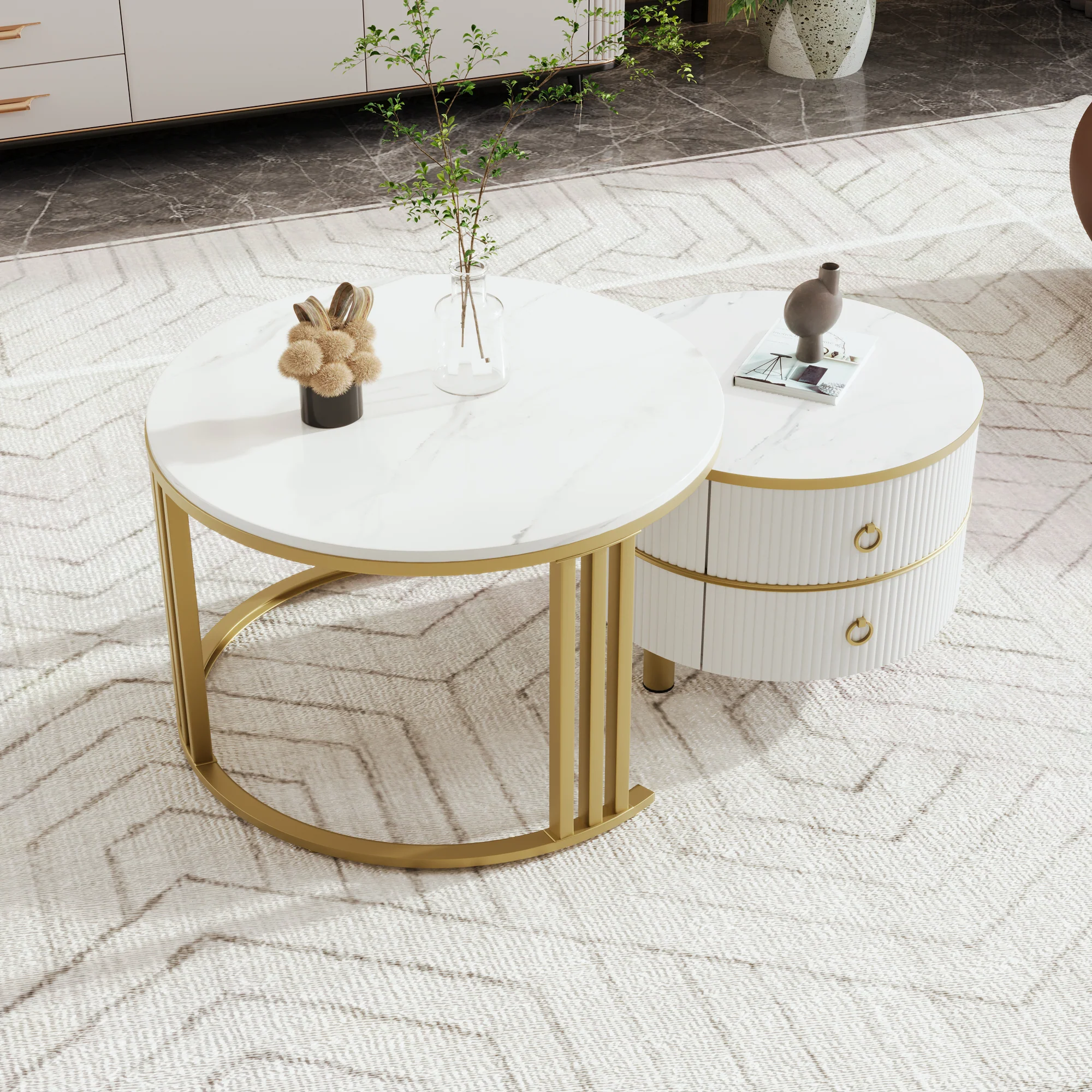 Coffee Table, 2-in-1 Round with 2 Drawers, White Marble & MDF - Image 4